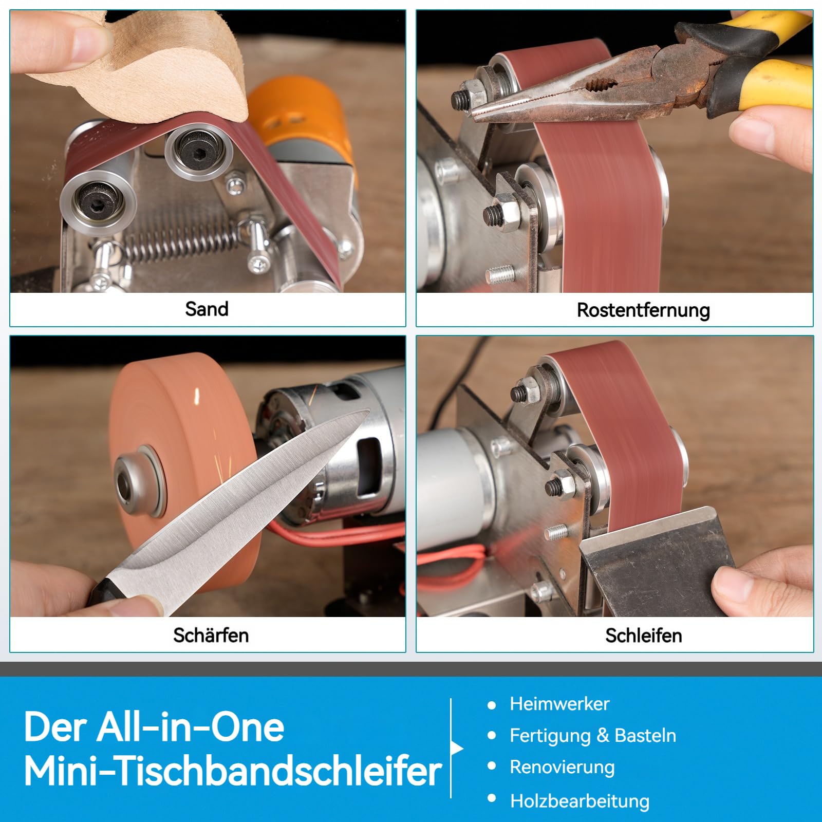 SI FANG Mini Bandschleifer，Elektrischer Band Schleifmaschine，7-Stufig Einstellbare Messerschärfer mit 20pcs 330x30 mm Schleifbänder Geliefert für Holz- und Metallbearbeitung