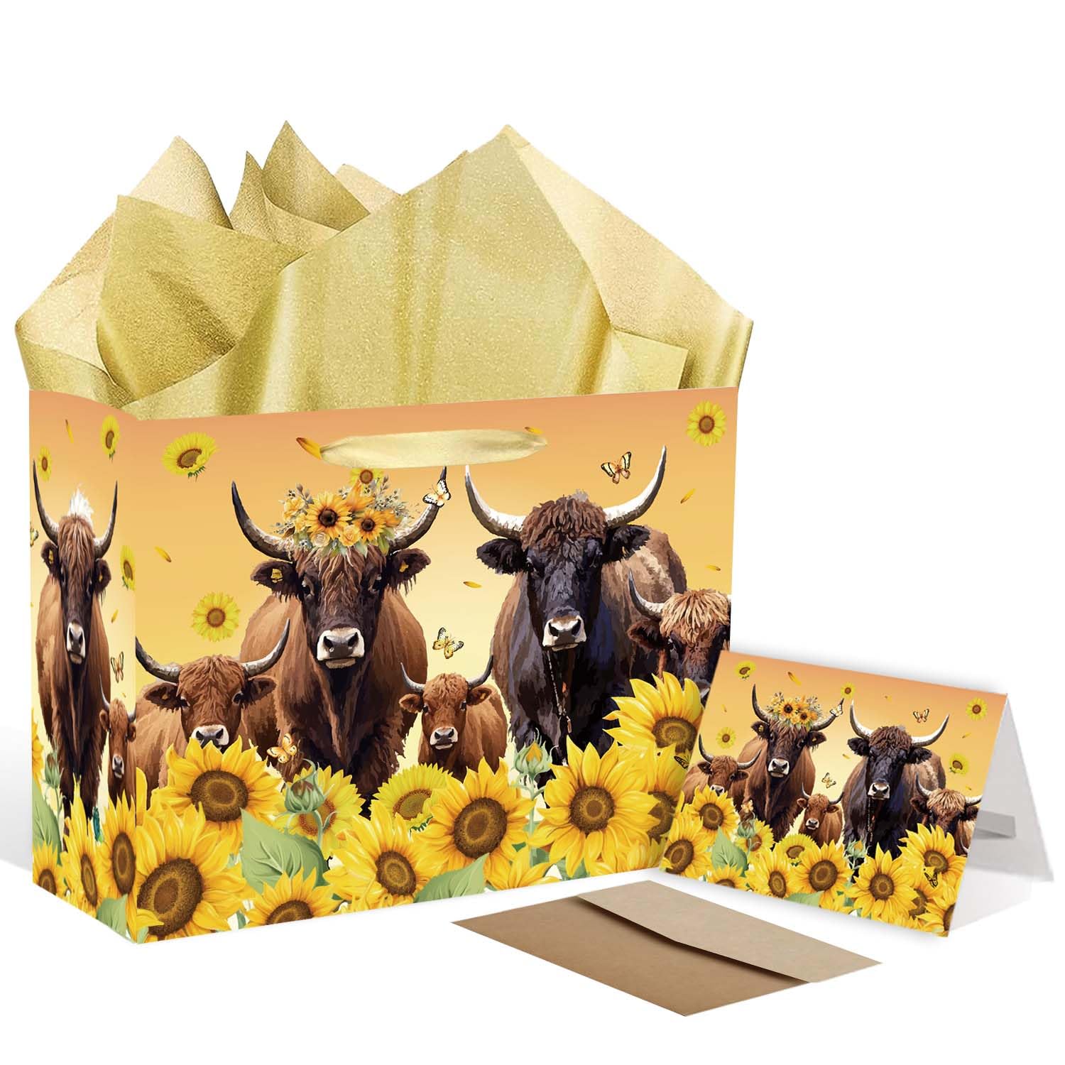 SolarGlory Highland Cow Birthday Gift Bag Sunflower Gift Bag Birthday Decorations Cow Party Favor Bag With Wrapping Paper Greeting Card & Tissue Paper