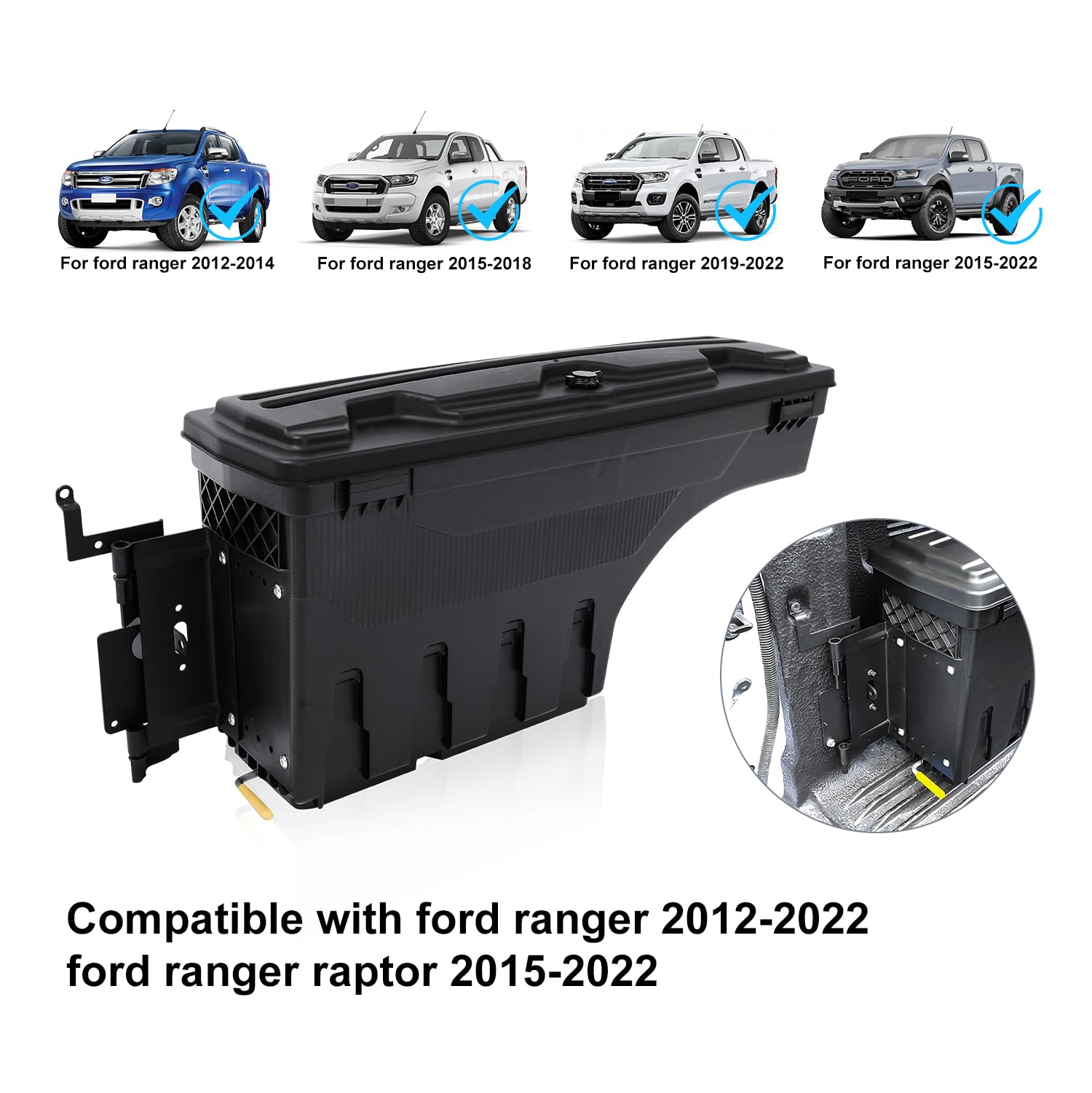 Cassetta portautensili altalena per Ford Ranger 2012-2022 girevole per camion letto organizzatore scatola di immagazzinaggio lato passeggero carico 34,9 kg