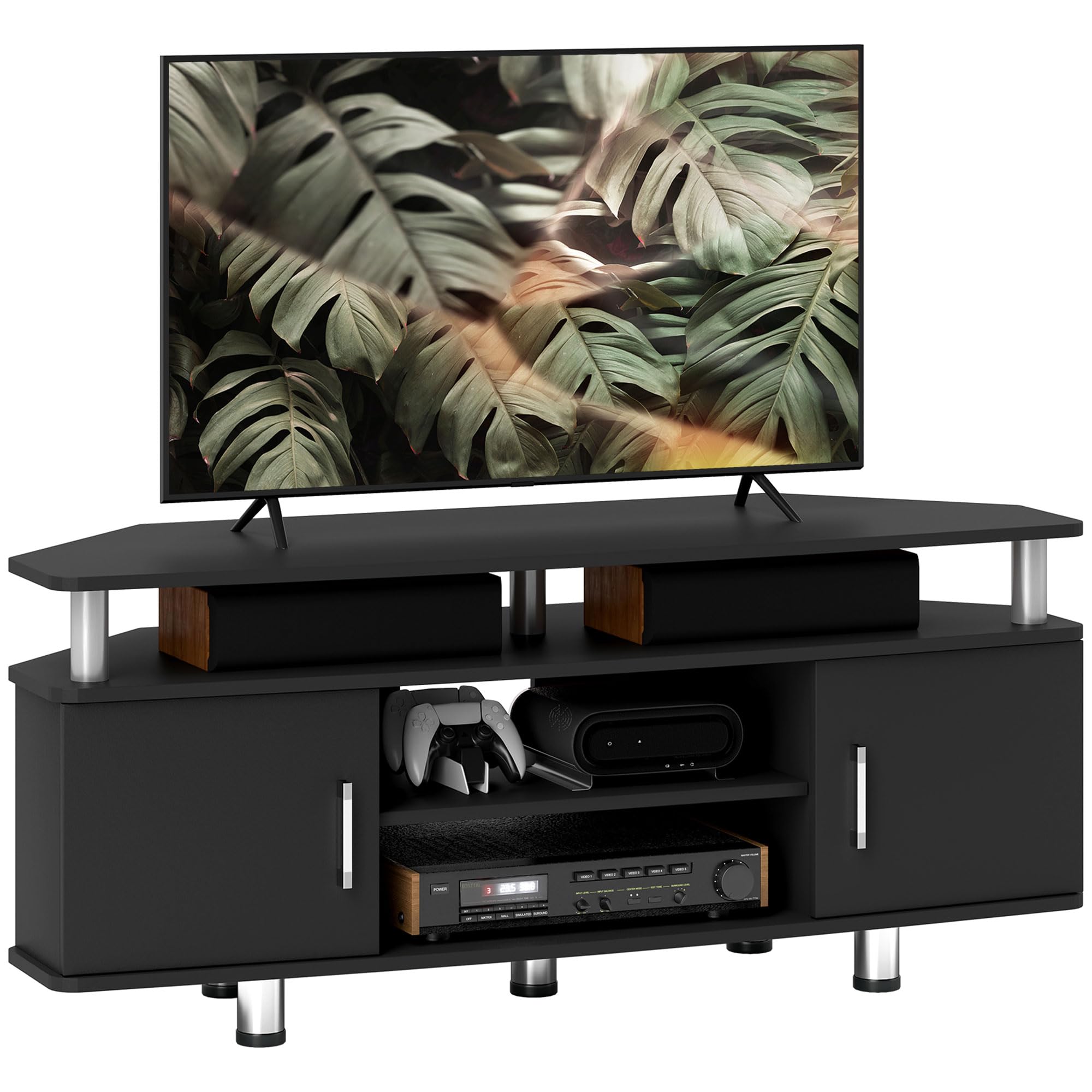 Rackhams Black Tv Unit Cabinet With Storage Shelves Entertainment Center