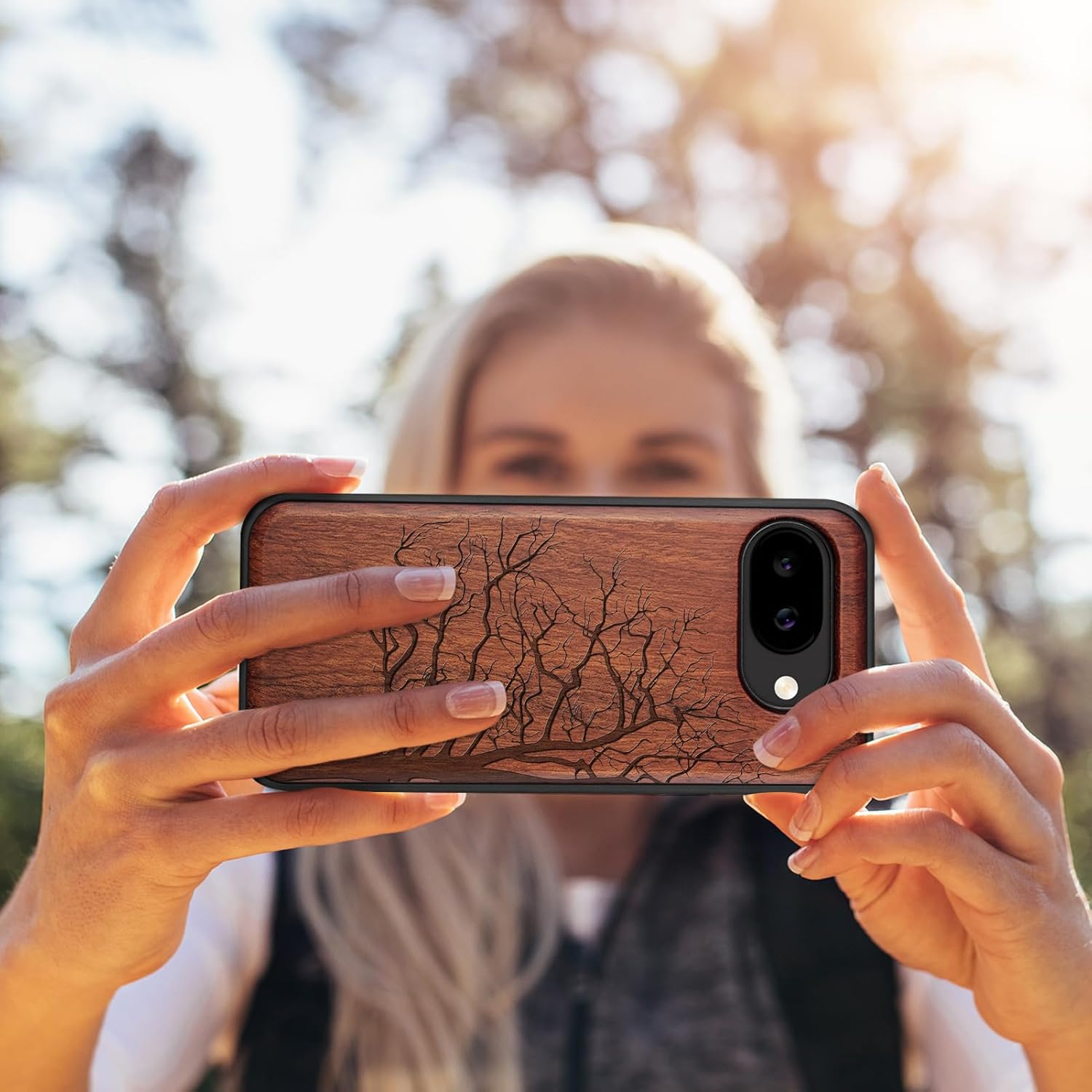 Carveit Magnetic Wooden Case for Google Pixel 10a Case, Wood Artisan Engraved & Soft TPU Shockproof Cover, Compatible with MagSafe Wireless Chargers (The Bare Tree) Rosy