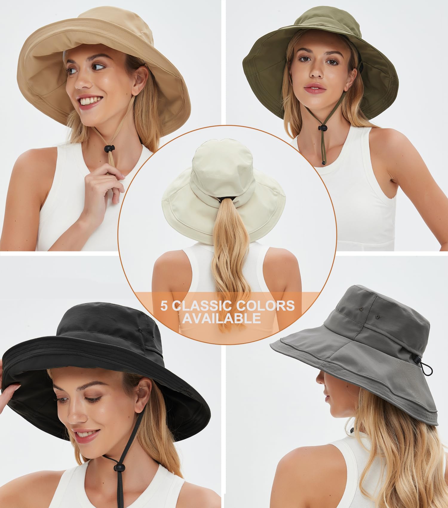 Sun Hats for Women, Wide Brim Waterproof Bucket Hat, Summer Beach Packable Ponytail Hat,UPF 50+ UV Protection