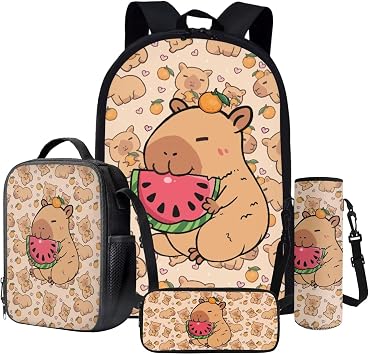 Cute Capybara Backpack and Lunch Box Sets for School Boys Girls Age 6-8 Animal Capybara Print Schoolbag with Pencil Pouch Water Bottle Holder for Little School Kids 4 Pcs Bookbag Sets