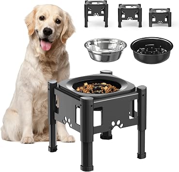 Lewondr Elevated Slow Feeder Dog Bowls, Raised Dog Food Bowls with 3 Heights (6.1", 7.7", 9.3") Adjustable Slow Feeder Bowl N