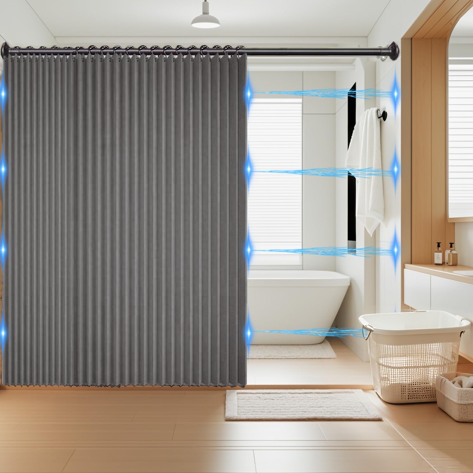 Haoyunll Cortina de Ducha Magnética Plegable Impermeable y Antimoho, Cortinas de Ducha de Tela Plisada, Resistentes y Lavables para Baño, 340g/m², Gris, 100x200cm
