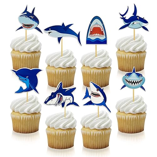 40 PCS Shark Cupcake Toppers Shark Theme Party Supplies Kids