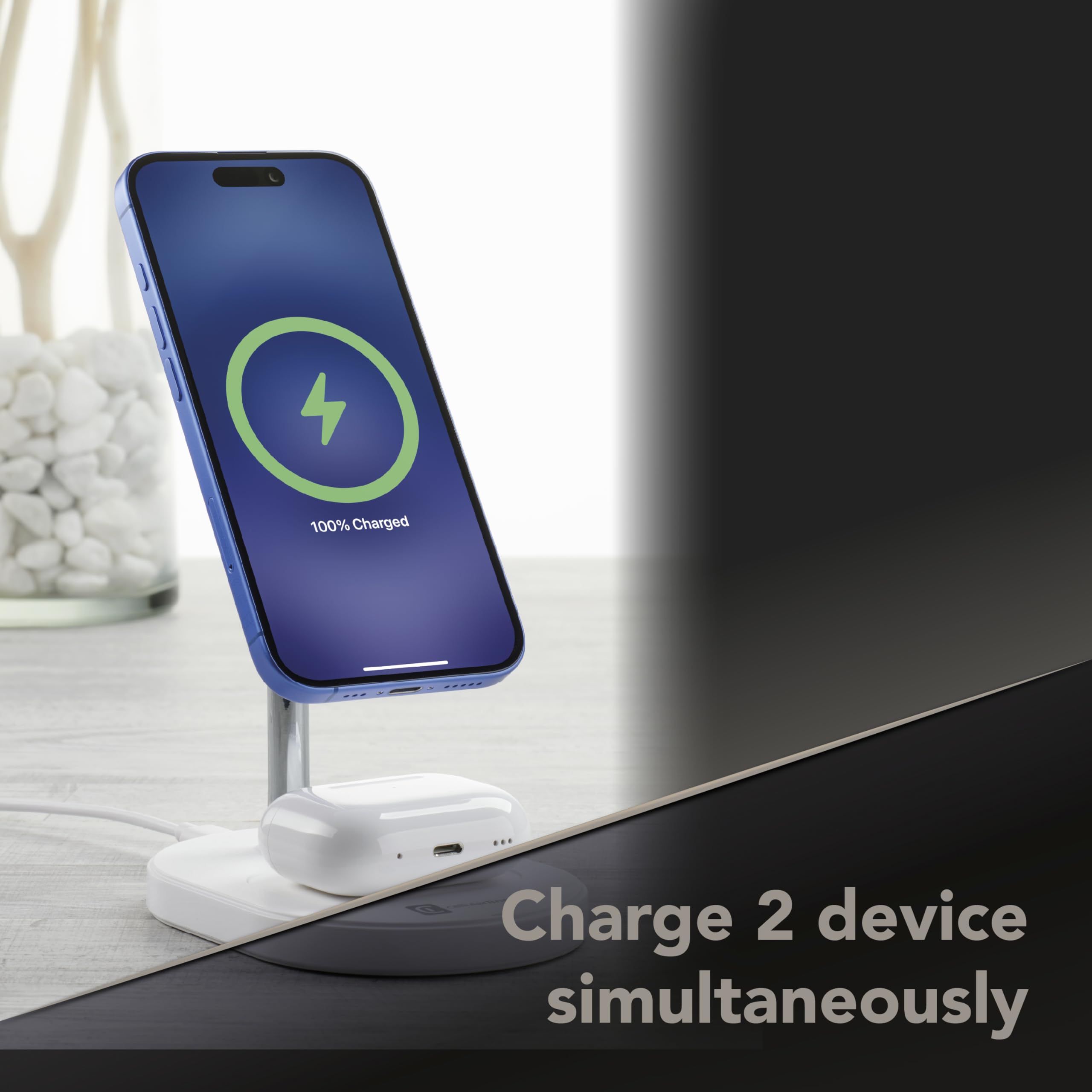 Cellularline MAG Duo 2in1 Magnetische Wireless-Ladestation mit Qi2-Zertifizierung, Bis zu 15W für Smartphones und Kopfhörer, Sicheres und Vielseitiges Pad für Vertikales und Horizontales Laden