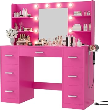 Furmax Vanity Desk with Mirror, LED Lights and Power Outlet Makeup Vanity Table with 7 Drawers and 6 Storage Shelves Dressing Table for Bedroom Dressing Room Rose Pink