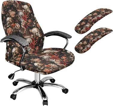 Skull Flower Print Office Desk Chair Seat Cover with Armrest Covers Dust-Proof Stretchy Rotating Boss Chair Slipcovers Removable Washable, Black, L