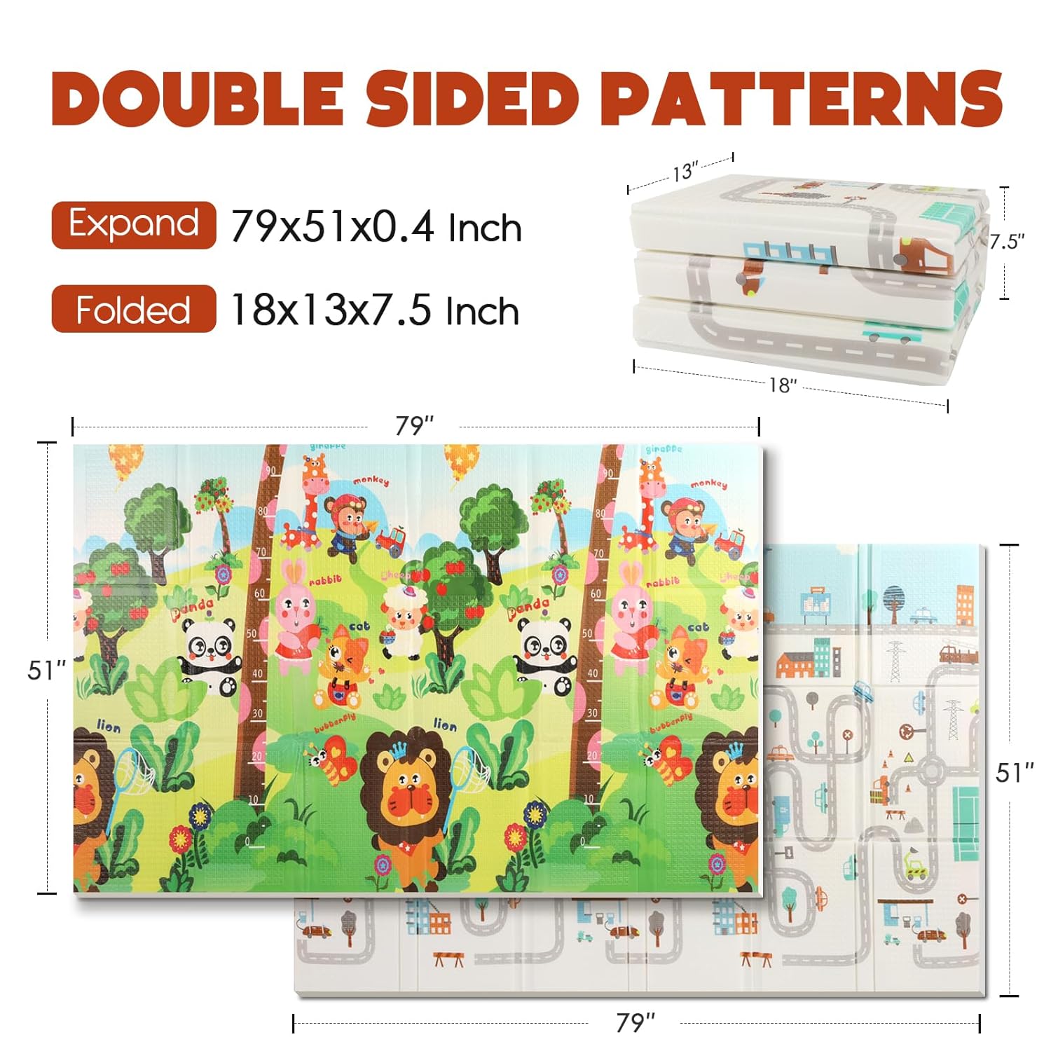 Mergren Foldable Baby Playmat 79"x51"x0.4", Reversible, Double-Sided Crawling Foam Mat for Infants and Toddlers - BPA-Free, Non-Toxic, Anti-Slip,Portable Folding - Indoor and Outdoor Use