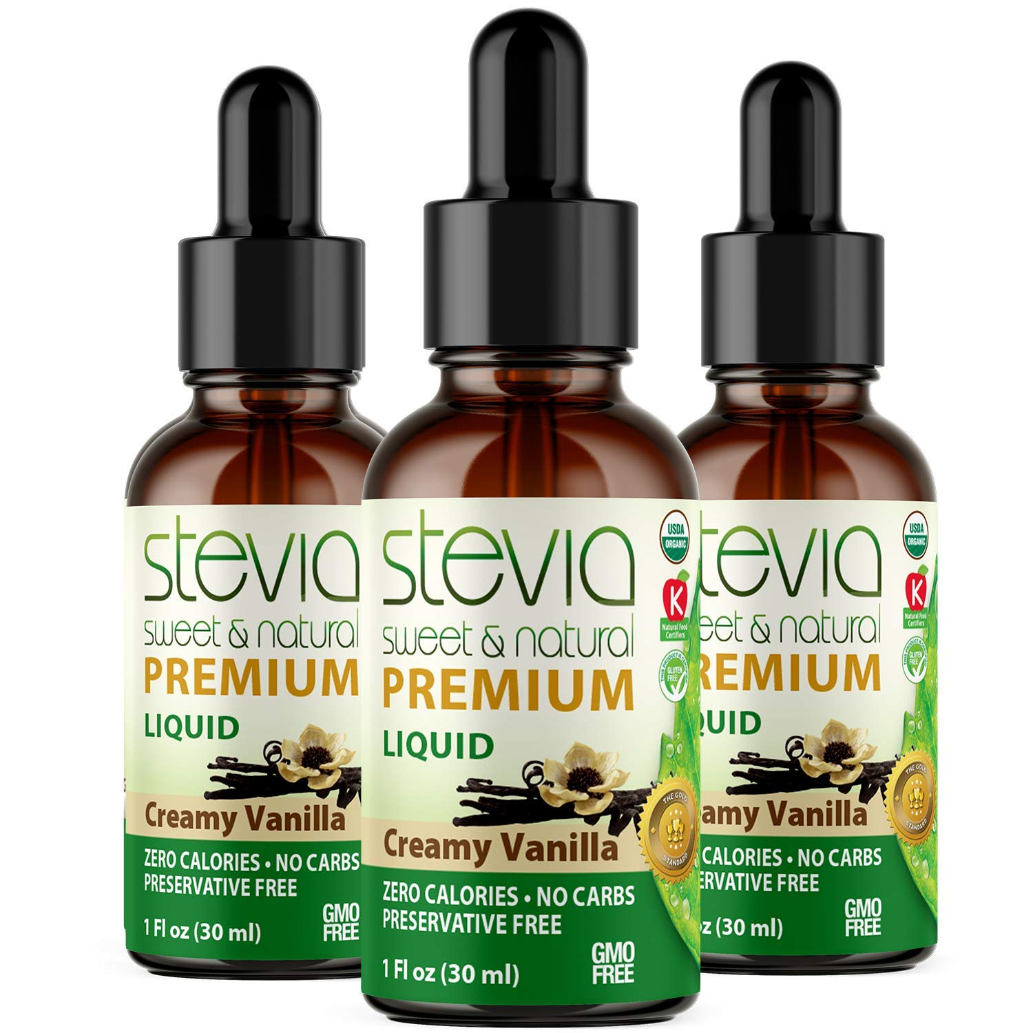 Creamy Vanilla Premium Stevia Drops. Organic Liquid Stevia, Sugar Substitute, Naturally Sweet, Non-Bitter, 0 Calorie, 0 Carb, NON-GMO, Diabetic & Keto Friendly (1oz) Glass Bottles (Pack of 3)USDA Organic