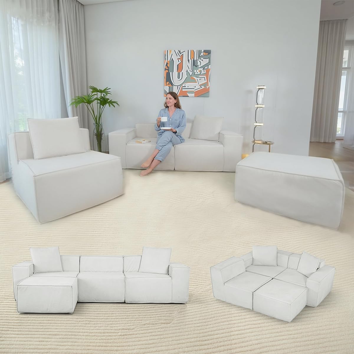 111" Modular sectional Sofa with Ottoman, Boneless Couch sectional, Cloud Couch, deep seat, configurable L/U Shape, Sofa Bed, Compression-Packed, high-Resilience Foam (Beige White)
