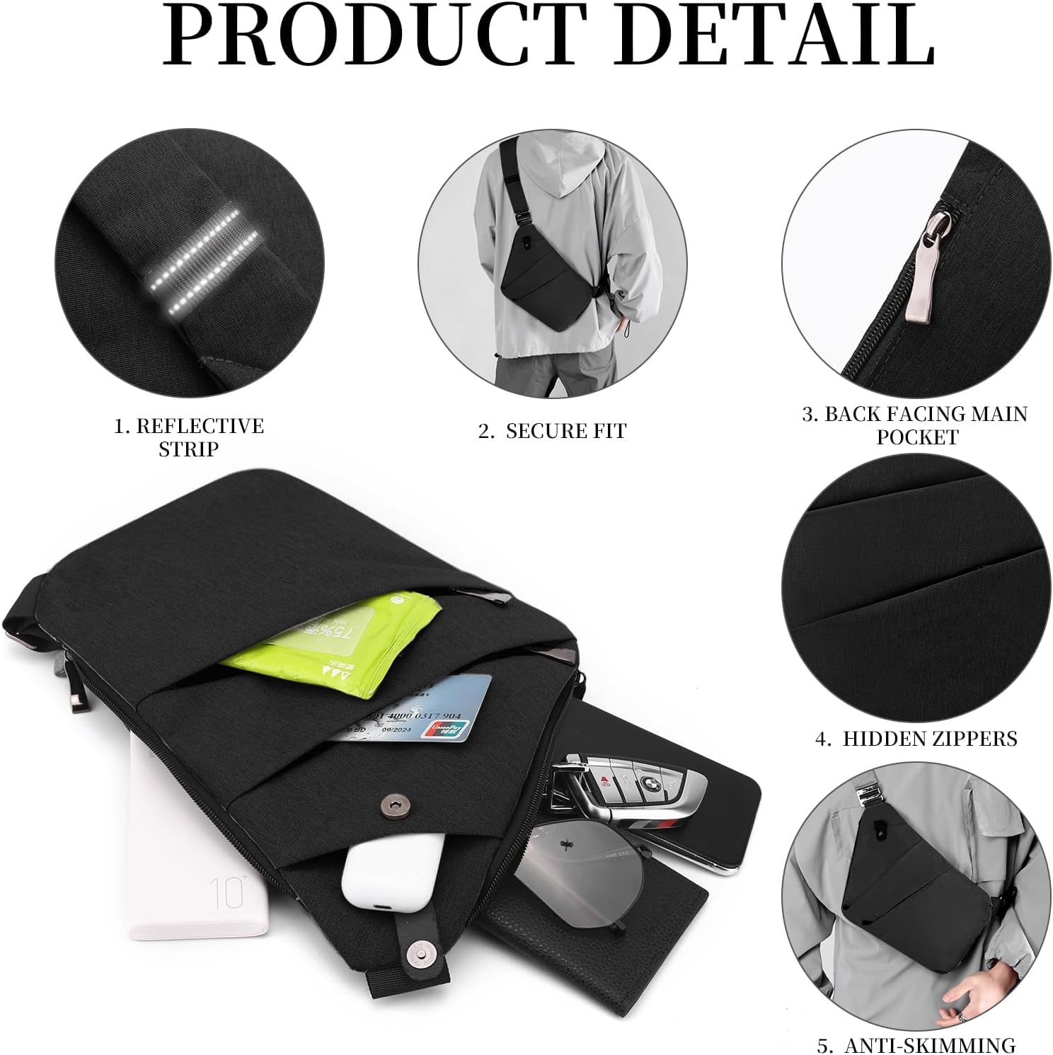 Anti Theft Crossbody Bag,Sling Bag for Women Men,Multi-pocket Chest Shoulder Bag for Travel, Sport, Work - Image 3