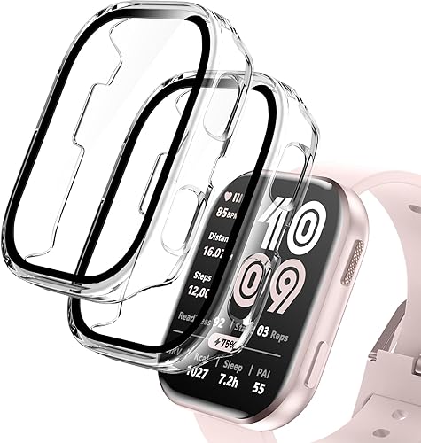 Miniatura 8 de EWUONU Paquete de 2 fundas compatibles con Amazfit Bip 6, protector de pantalla de vidrio templado con cubierta de policarbonato duro, a prueba