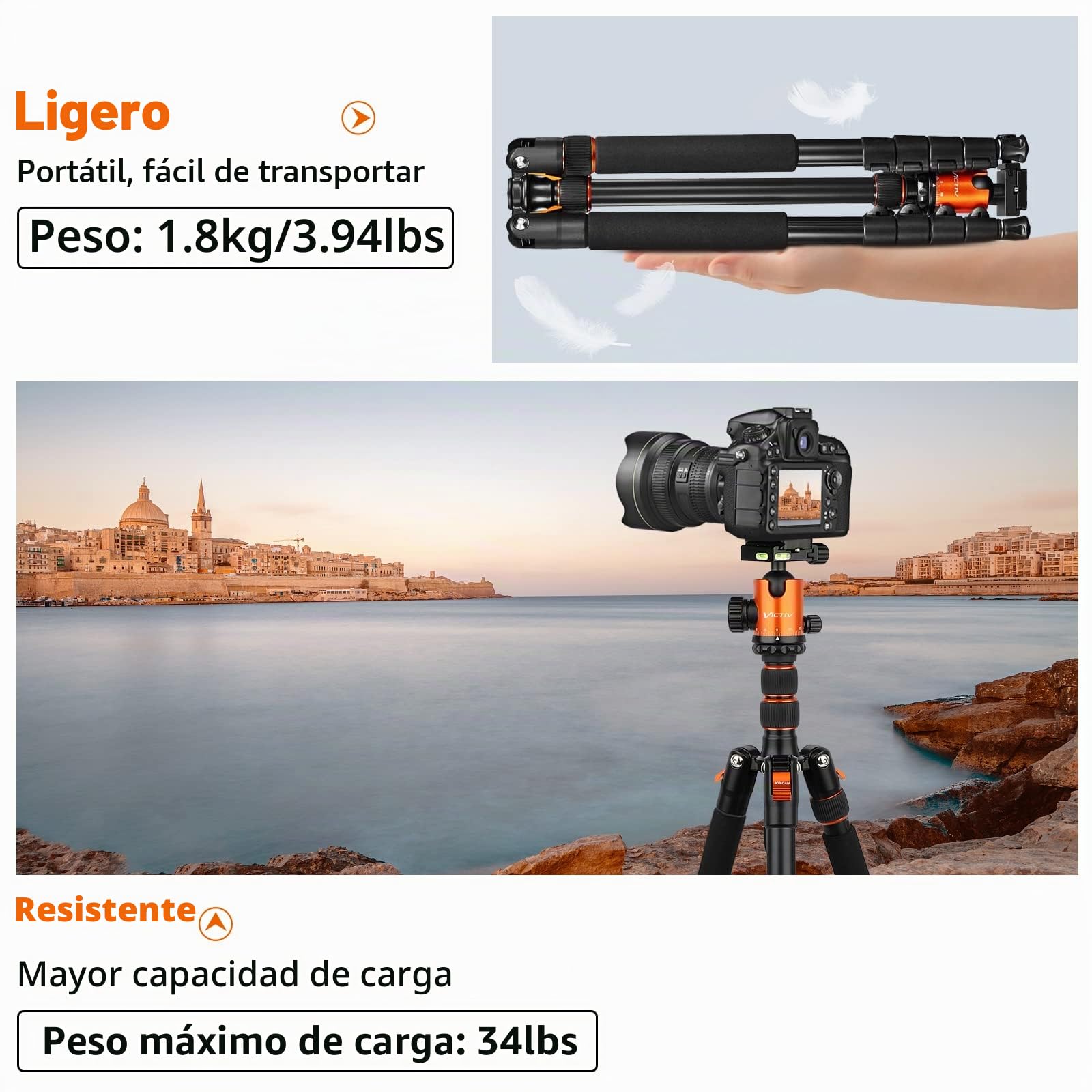 Victiv Trípode Cámara 206cm, Trípode de Viaje Portátil de Aluminio para DSLR, 360° Rótula de Bola Panorámica una Capacidad de Carga de 15 kg, Monopié Desmontable con Bolsa de Transporte - Negro