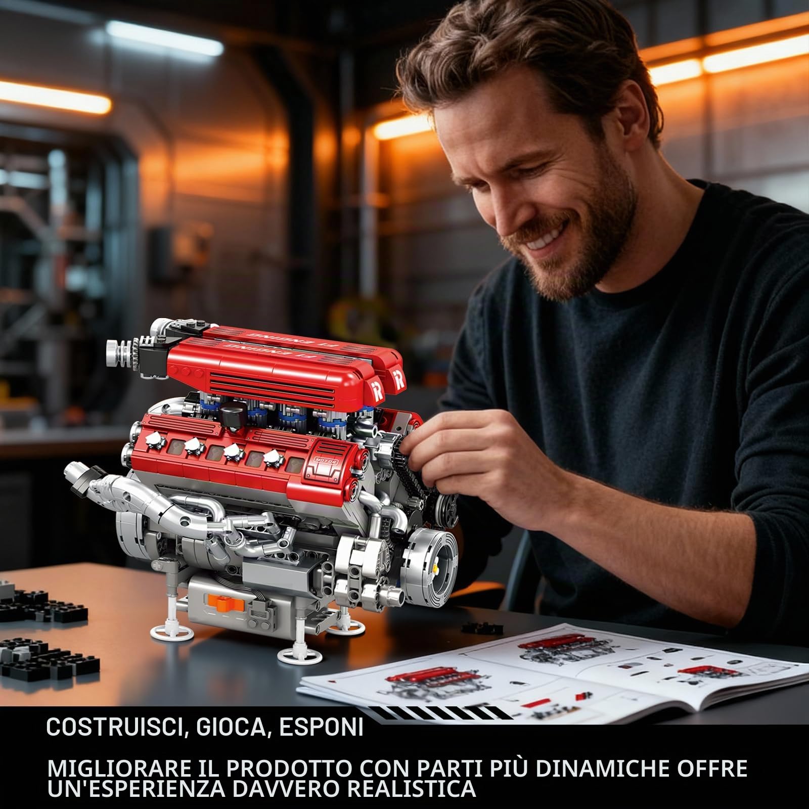 Reobrix Kit di modellini per motori V8 per adulti, 1101 pezzi, set di costruzione meccanica con movimento realistico del motore con motore, set di ingegneria per la costruzione di motori auto, regalo