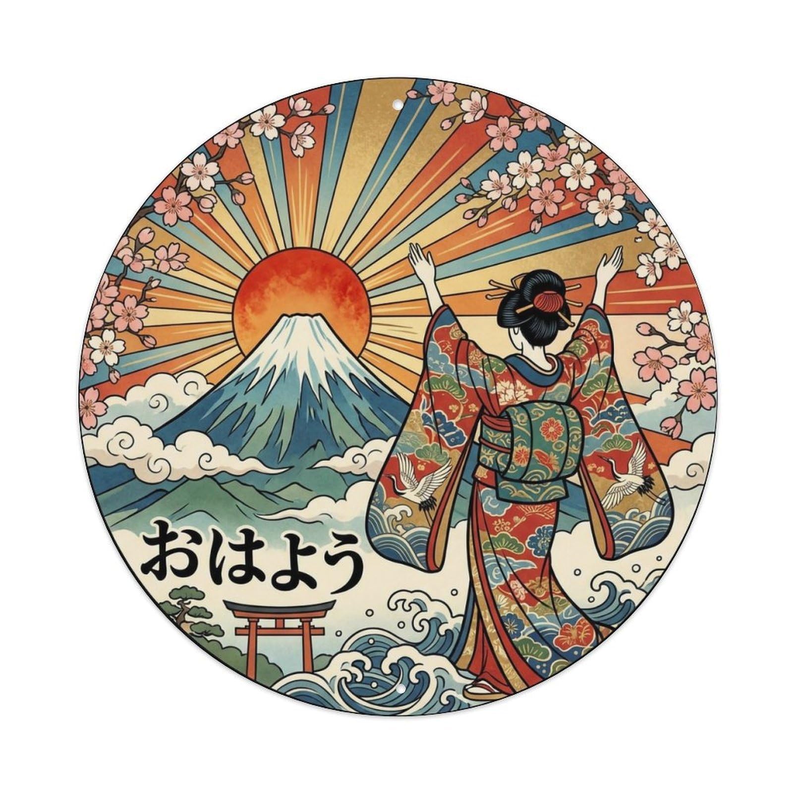 Yrnq 8X8inch Vintage Style Japanese Geisha Fuji Sunrise Welcoming Morning Metal Tin Sign