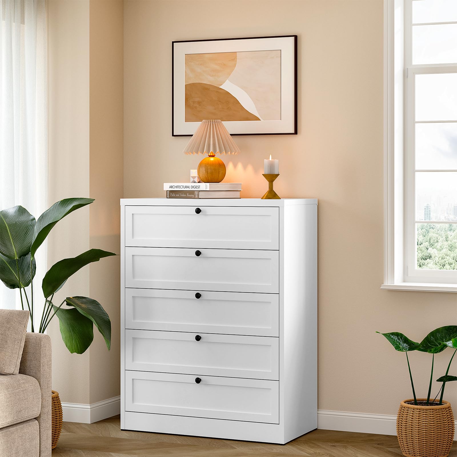 Sightlife Meuble de Rangement, Commode Blanche à 5 tiroirs, Meuble de Rangement pour Chambre, Bureau, entrée, Style comtemporain 121 x 80 x 40 cm