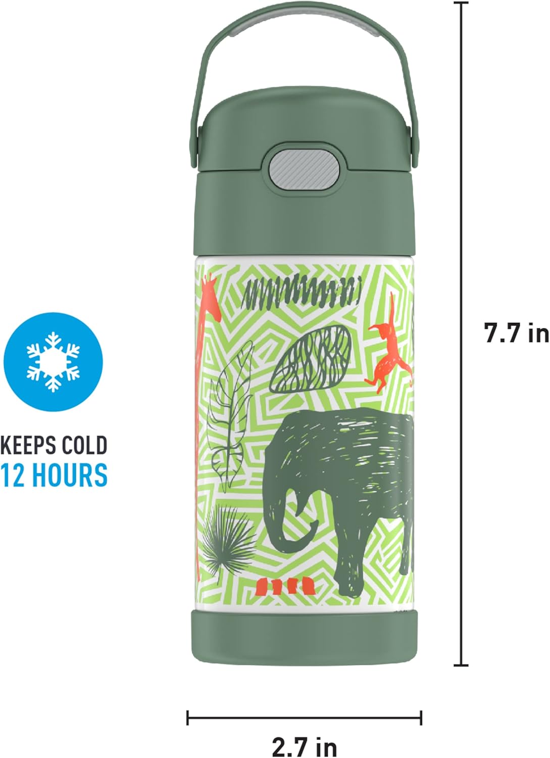 THERMOS FUNTAINER 12 Ounce Stainless Steel Vacuum Insulated Kids Straw Bottle, Jungle Kingdom