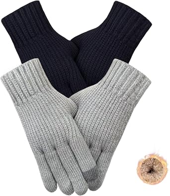 2 Pairs Winter Gloves for Men Touchscreen Women Fleece Wool Knit Warm Thermal Texting Snow Gloves for Cold Weather