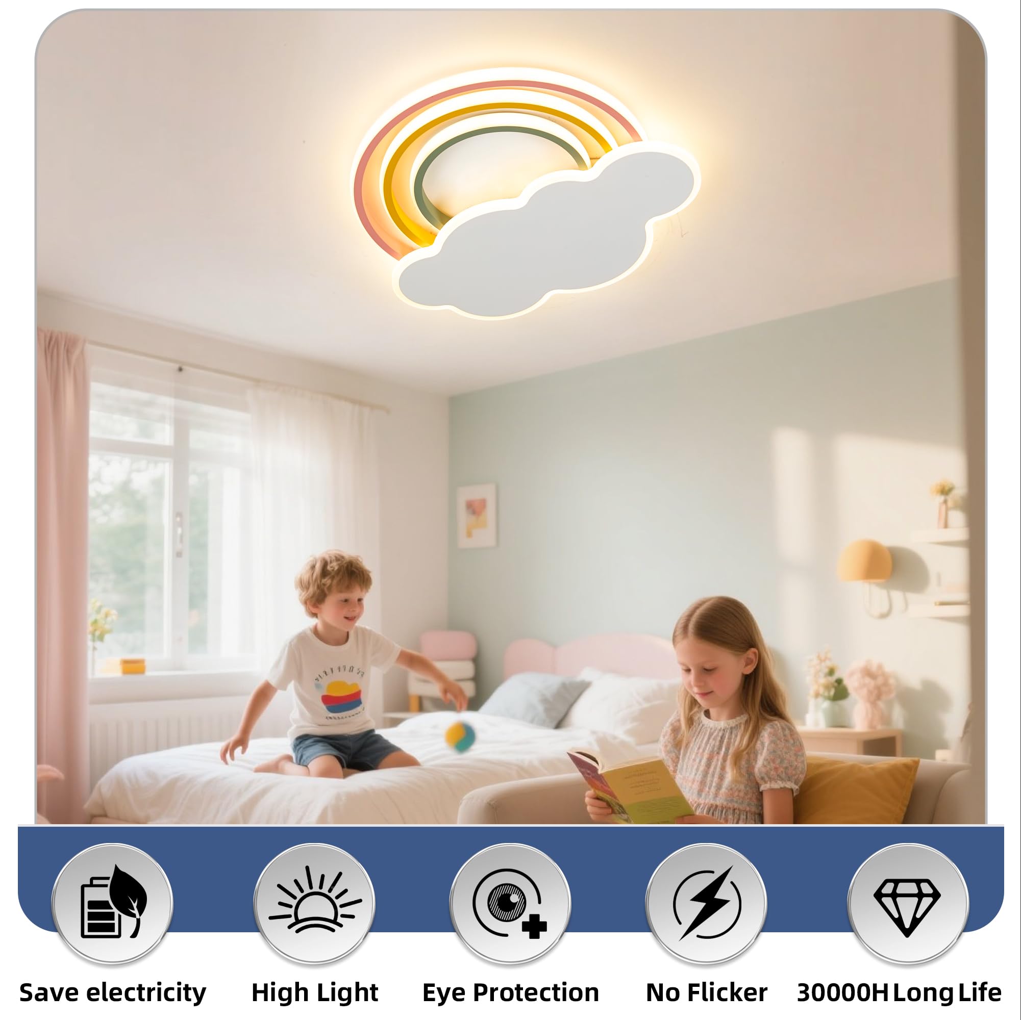 Kinder Deckenleuchte LED Regenbogen Wolken Design 40W 3400LM Dimmbar mit Fernbedienung & Wandschalter, Farbtemperatur 3000K-6500K, Nachtlicht, Timer, für Kinderzimmer Schlafzimmer Spielzimmer Ø40cm