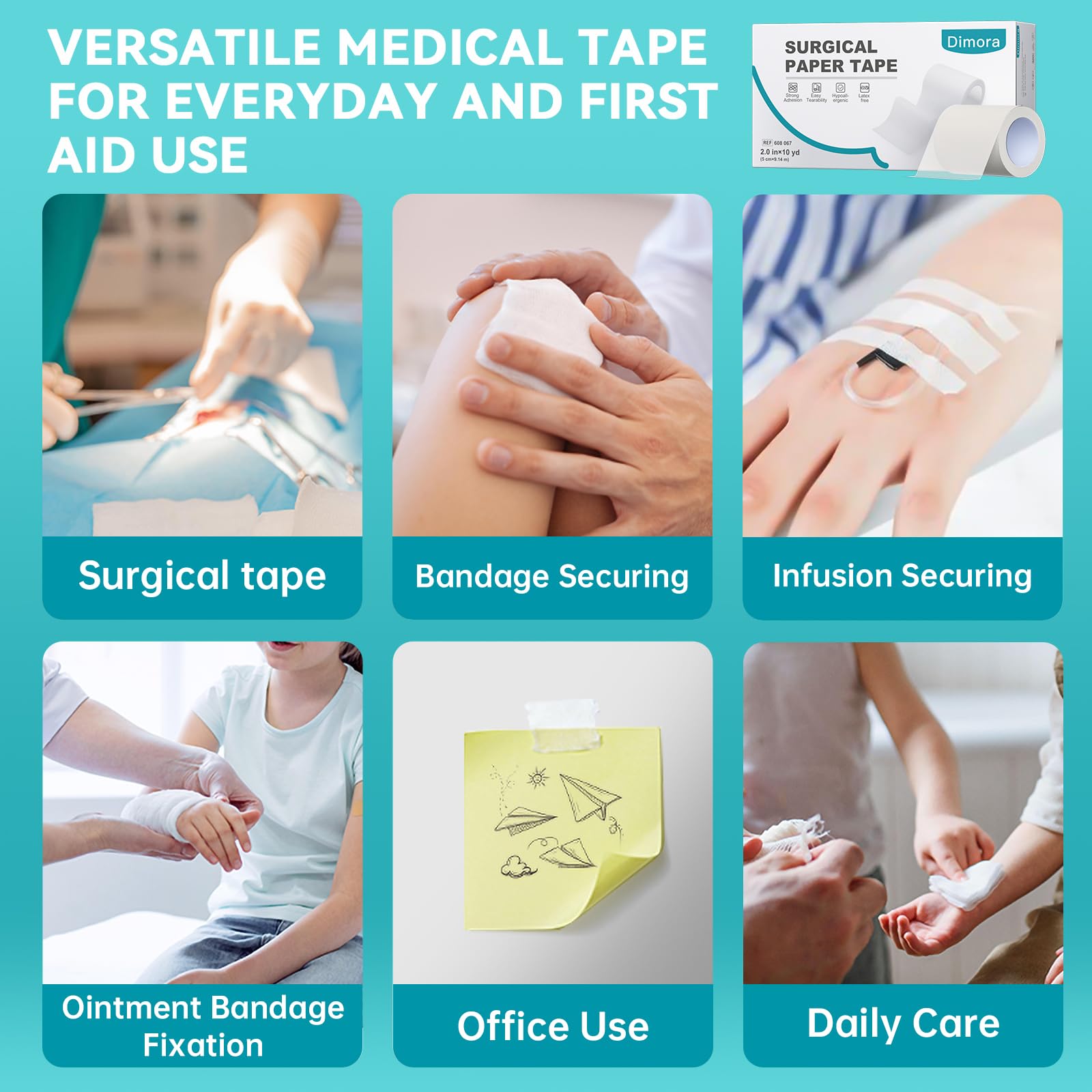 Dimora Nastro medico di carta, 8 rotoli, nastro chirurgico bianco ipoallergenico per pelli sensibili, nastro traspirante di primo soccorso con rimozione senza dolore, protegge medicazioni e