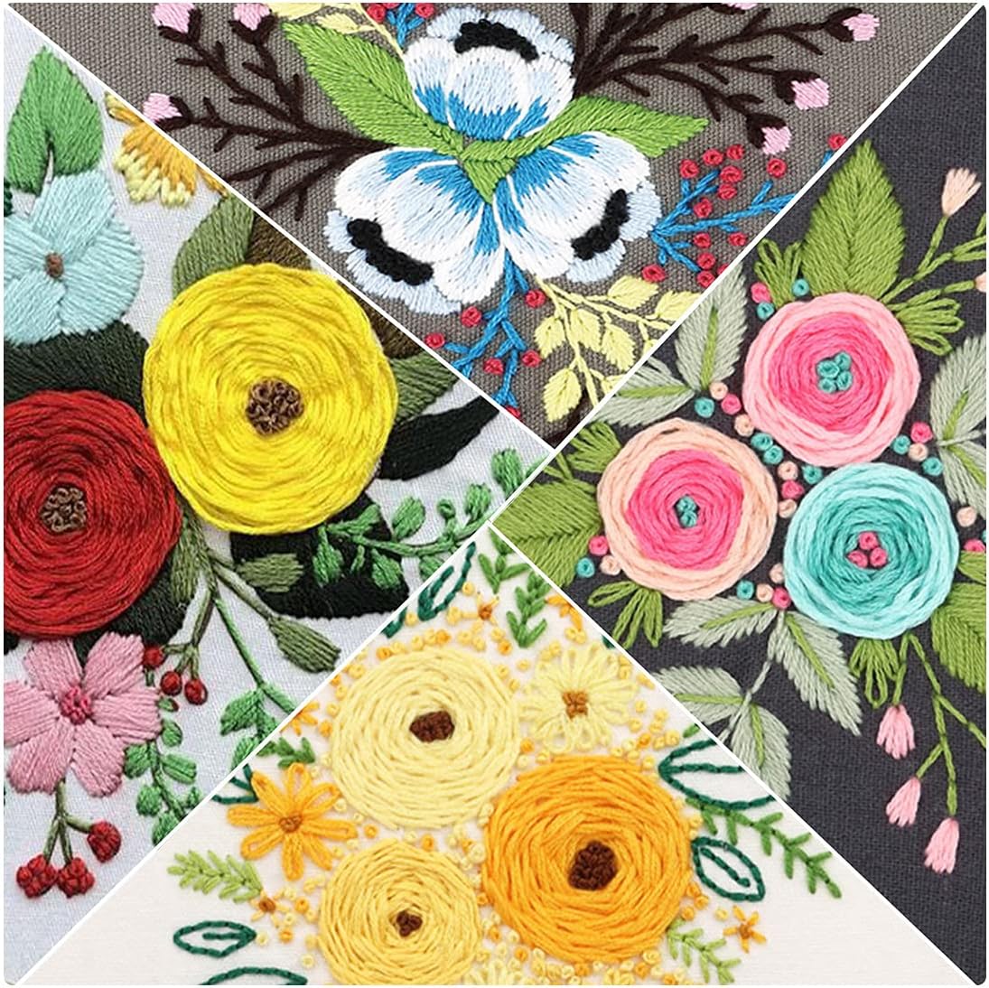 Louise Maelys 4 Pack Embroidery Starter Needlepoint Cross Stitch Kit for Beginner Adults with Floral Pattern, Craft Stamped Embroidery Set Cloth Hoops Threads Needles