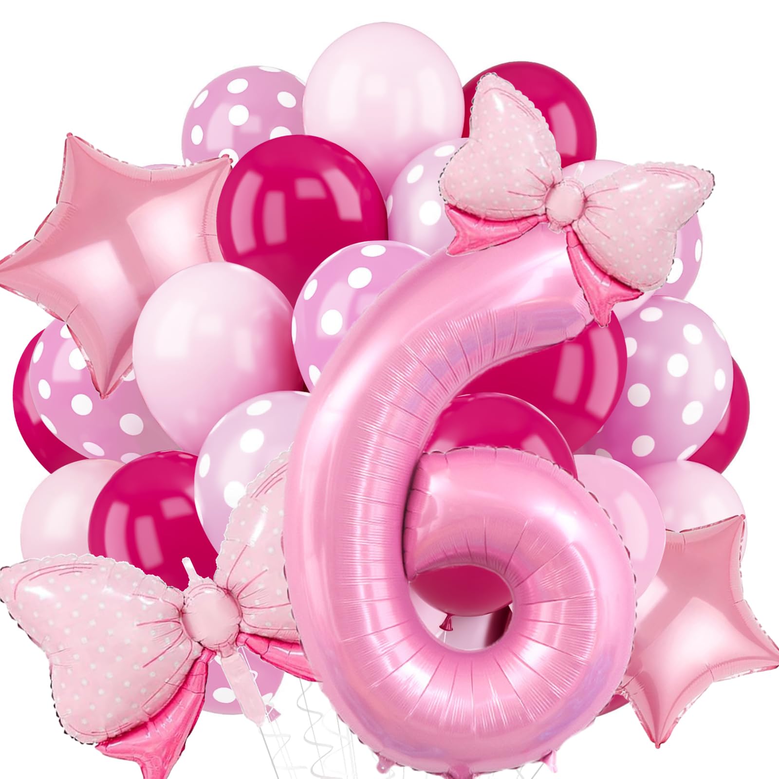 40 Inch 6 Balloon Birthday Decorations for Girls, 20PCS Pink Number 6 Balloon Party Decorations Set, Bow Star Balloons with 6 Balloon Number for Baby