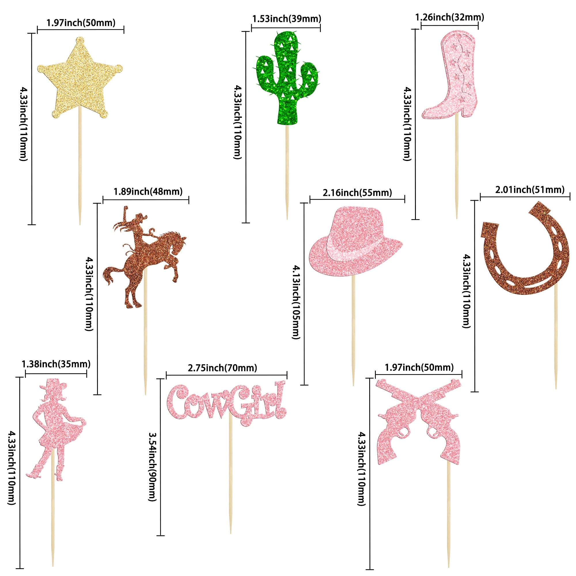 36Pcs Cowgirl Cupcake Toppers Glitter HorseShoe Cactus Gun Cupcake Picks Cowgirl Hats Boots Cake Decorations for Western Theme Baby Shower Girls Birthday Party Decor Supplies