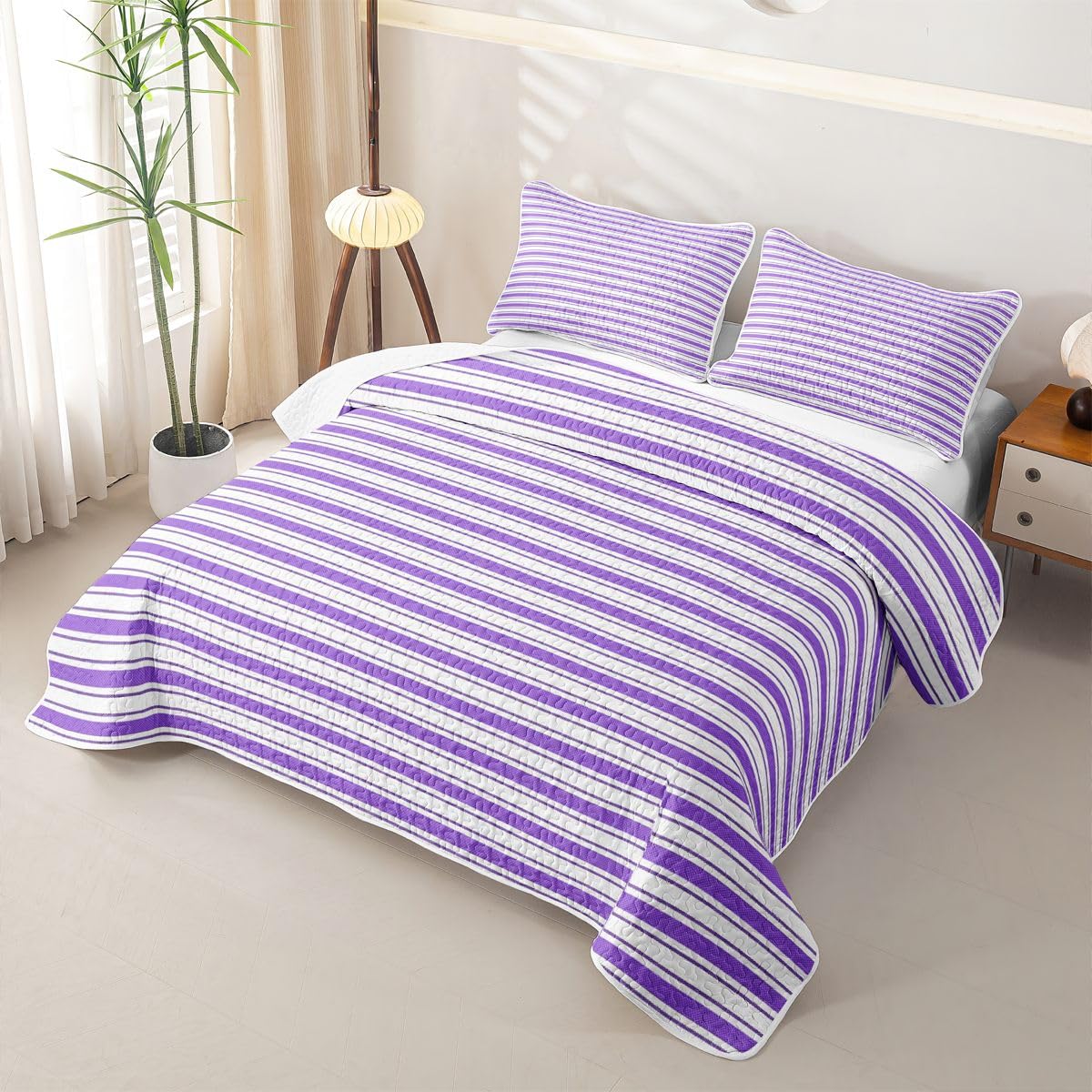 Homewish Set copriletto trapuntato a righe viola e bianche per letto king