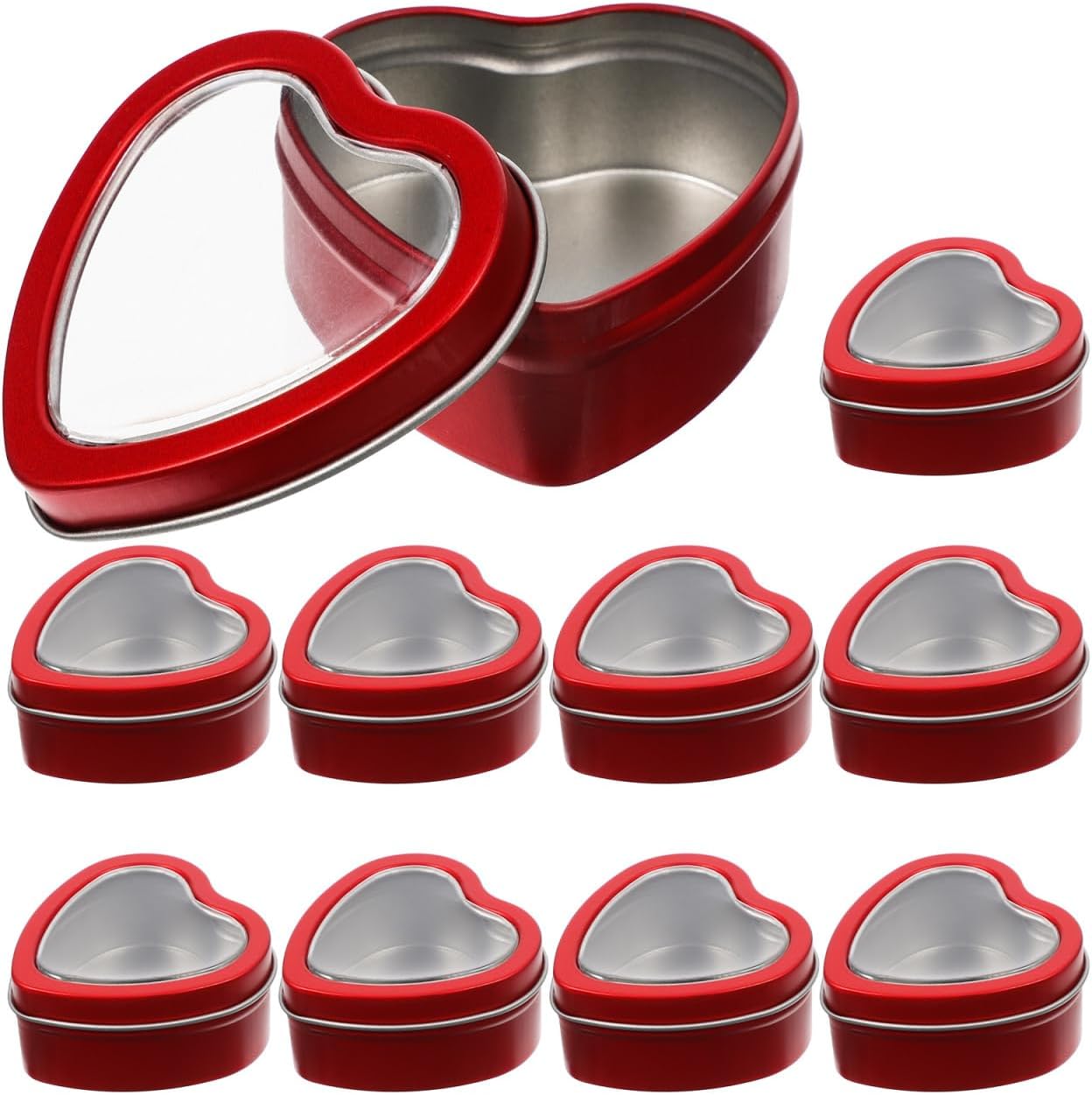 Luxshiny 40Pcs Heart Shaped Tin: 2oz Empty Candy Containers with Clear Window Lids for Candle Making DIY Craft Wedding Party Treasures (Red)