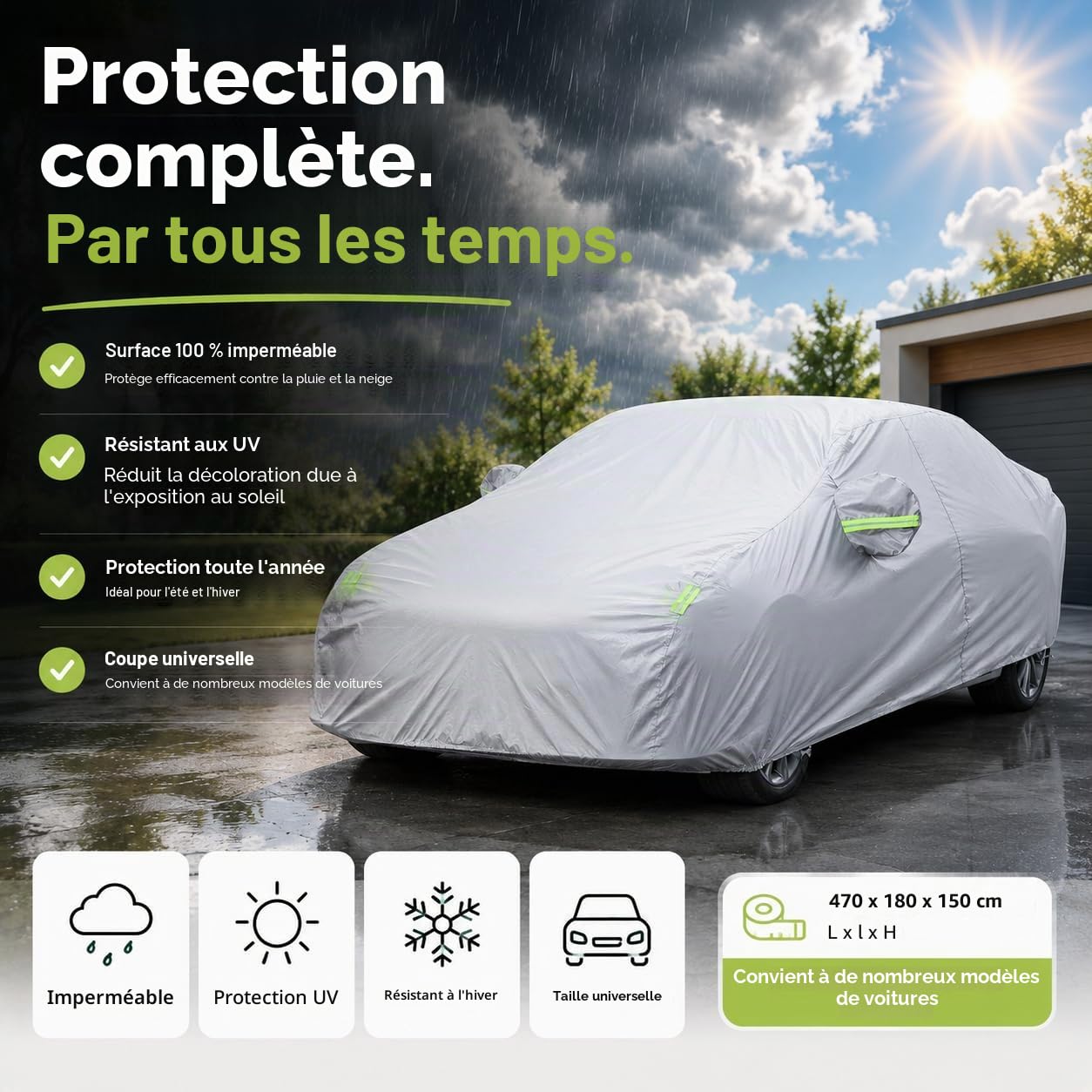 Housse de Voiture - Housse de Voiture - Housse argentée étanche - pour Tous Types de Voitures/bâche de Protection pour véhicules Automobiles