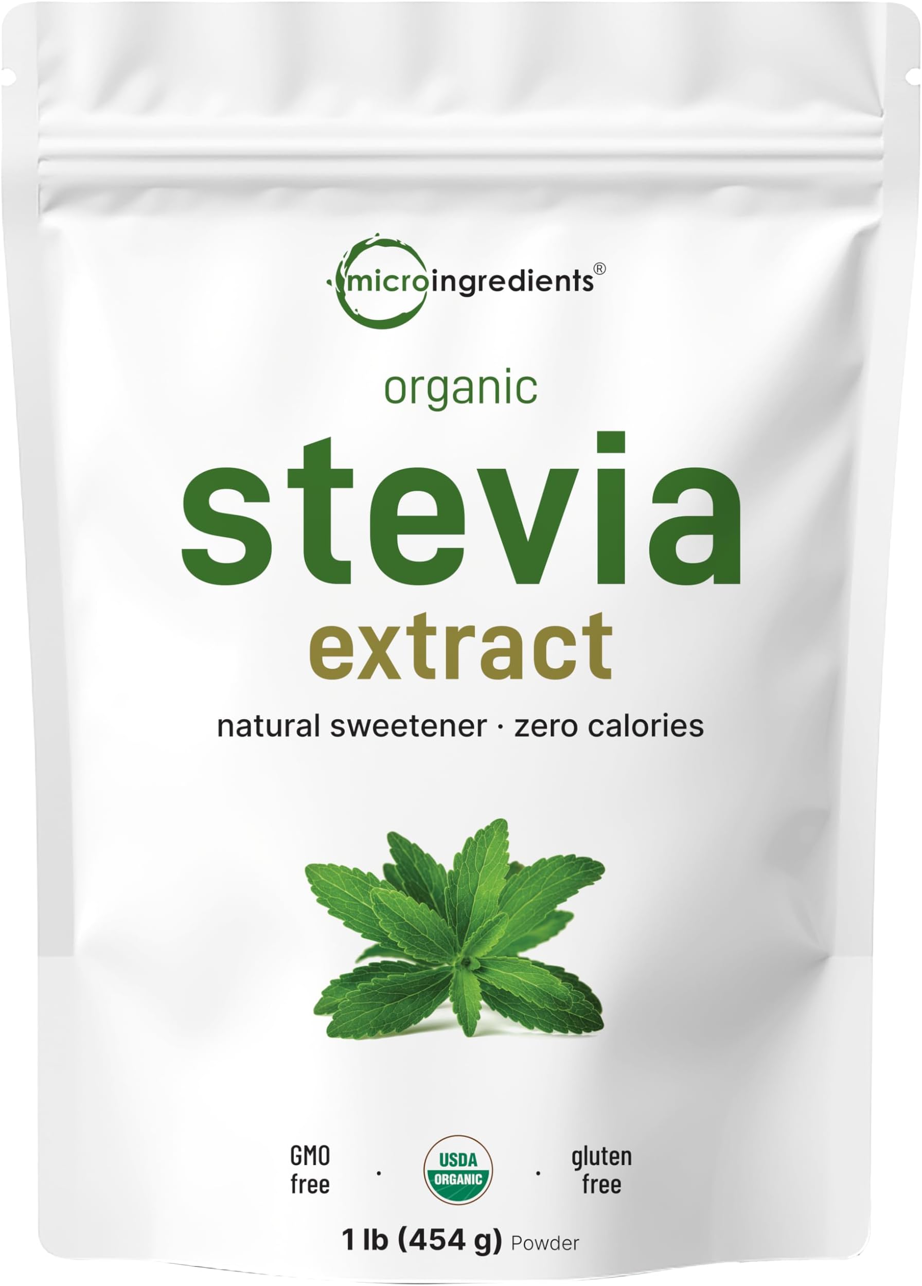 Micro Ingredients Pure Organic Stevia Powder, 1 Pound, 2,837 Servings, Highest Grade Stevia Green Leaf Extract Reb-A, Reduced Bitter Aftertaste, 0 Calorie, Natural Sweetener, Sugar Alternative, Keto Friendly