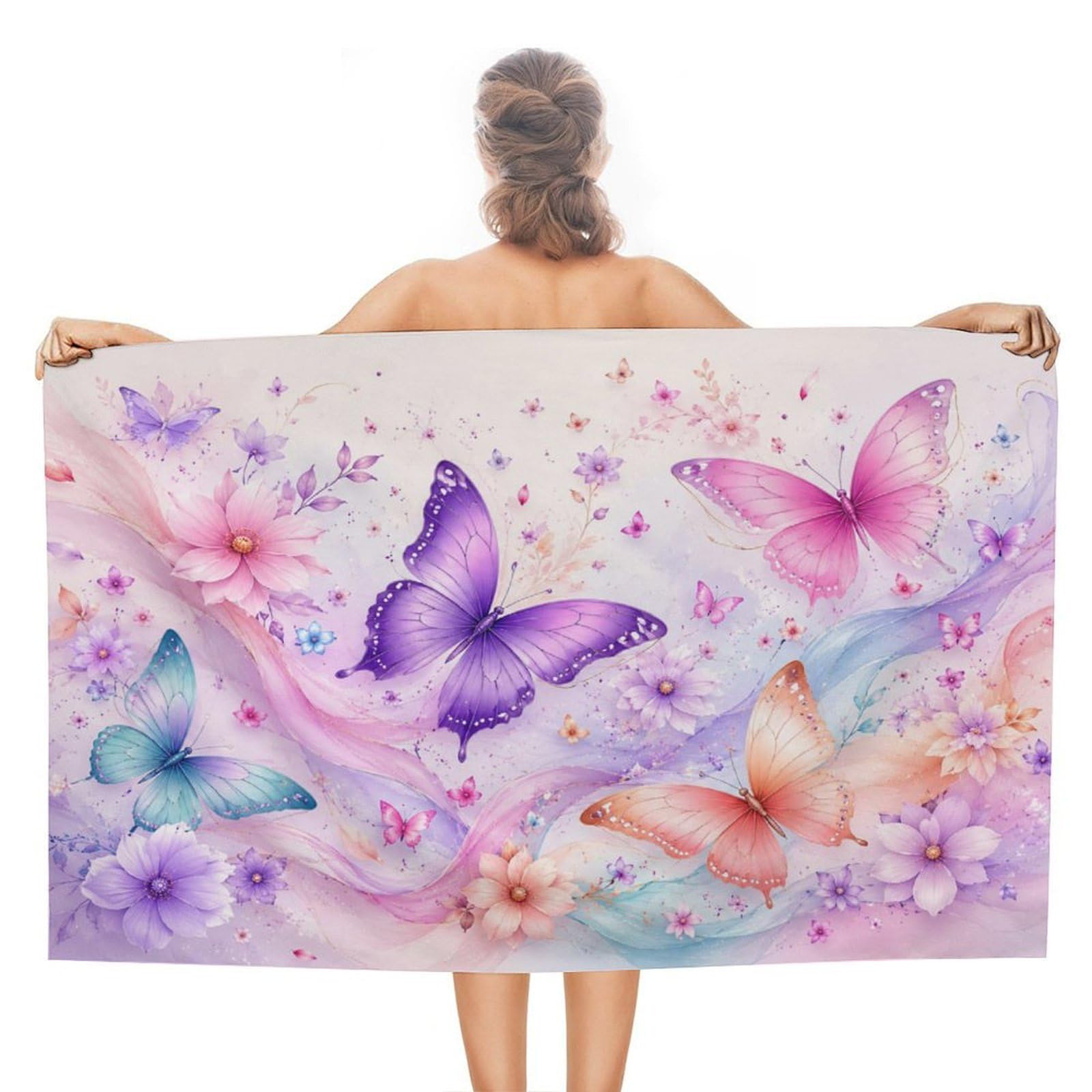 Anceky Butterfly Floral Pattern Pastel Colors Oversized Beach Towel Quick Dry Sand Free Microfiber Travel Towel Lightweight Multi Purpose Beach Blanket Pool Gym Bath Towel 51x31 in