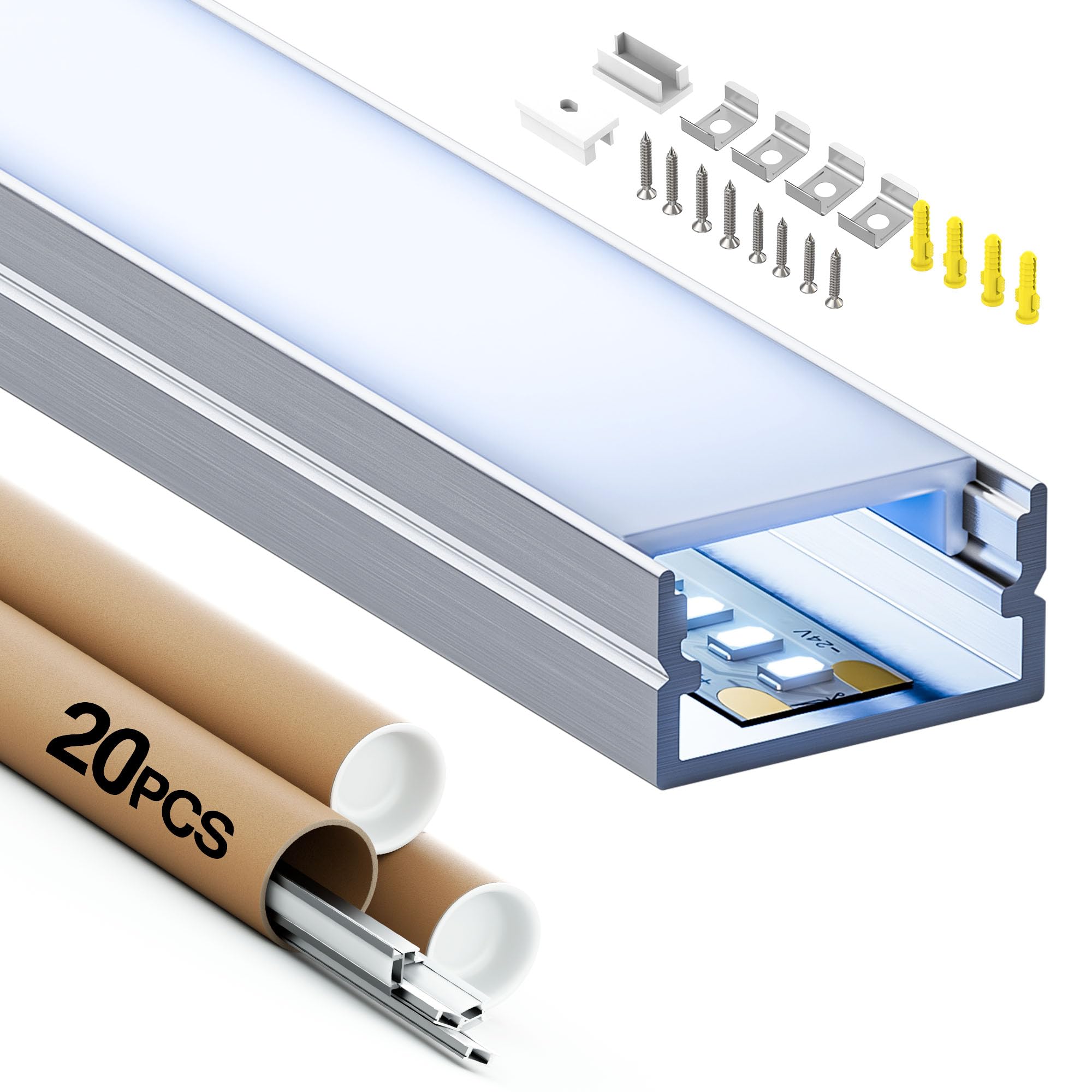 ShinePlus Profil aluminiowy do taśm LED, profil 20 x 2 m, szyna LED, profil U z matową osłoną, wymiary maks. 17 mm, wymiary 19,7 mm x 10 mm