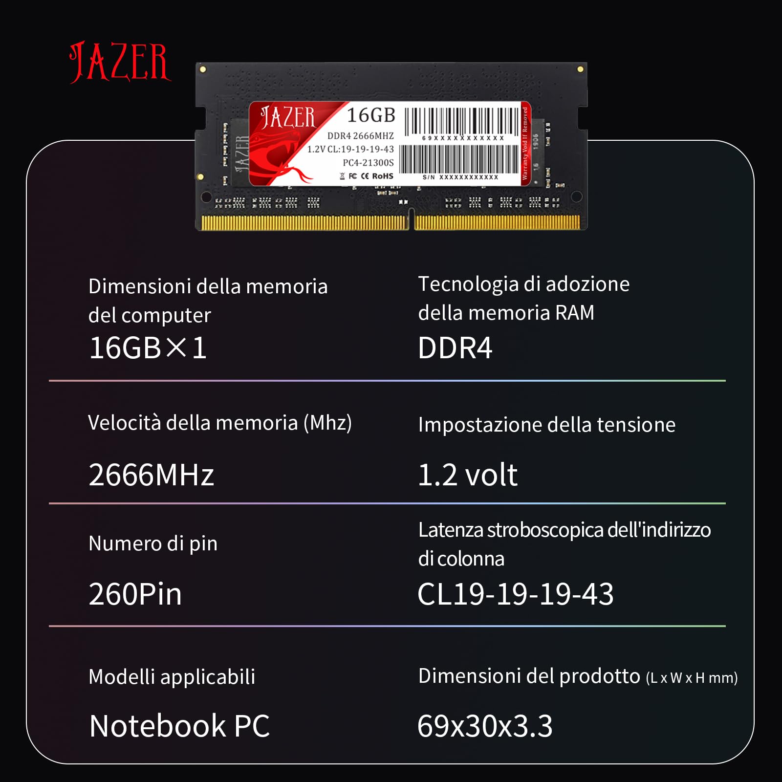 JAZER RAM DDR4 16GB 2666MHz SODIMM para Portátil, Módulo de Memoria para Computadora Laptop, PC4-21300, 1.2V, CL19
