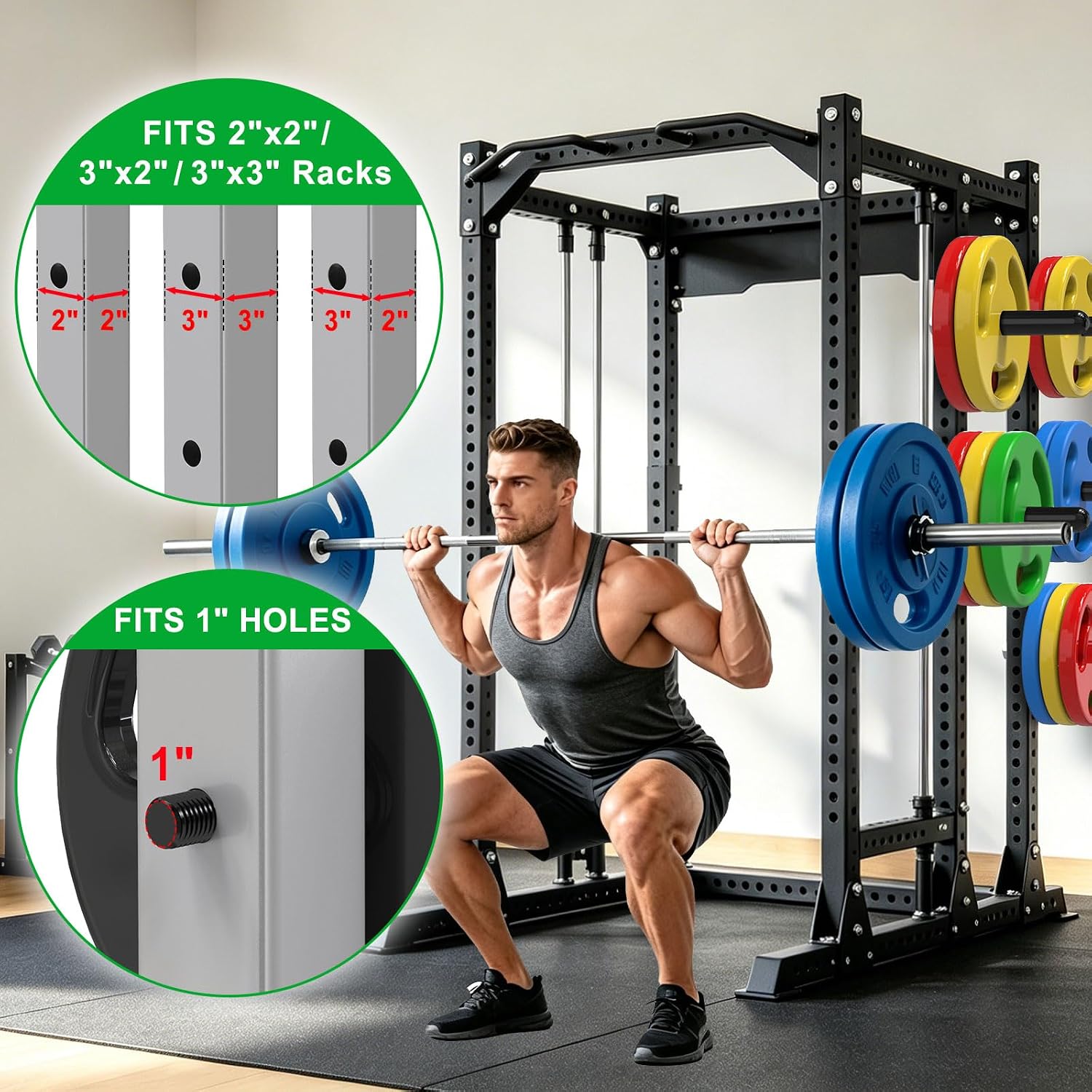 SELEWARE 1-Inch & 2-Inch Weight Plate Holder for 2x2, 2x3, 3x3 Power Cages | Fits 5/8" or 1" Holes, 4 Pack Power Rack Attachment for 1" Standard & 2" Olympic Weight Plates, Sturdy Steel Structure
