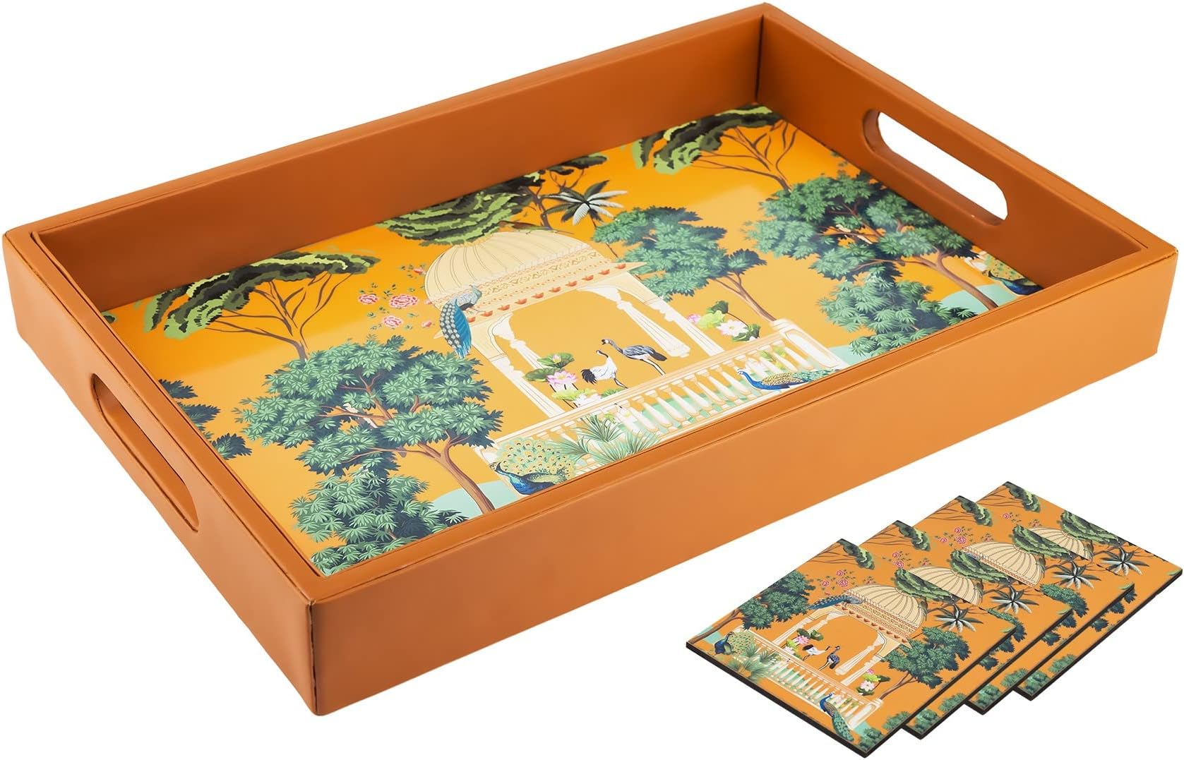 Birch & Co. Wooden Tray For Serving-Free 4 Coasters-10 Inch X 15 Inch-Serving Tray-Tray Set For Decoration-Tea Trays-Big Coffee Tray-Premium Mdf Trey-Wooden Serving Trays-Resin Tray,Rectangular