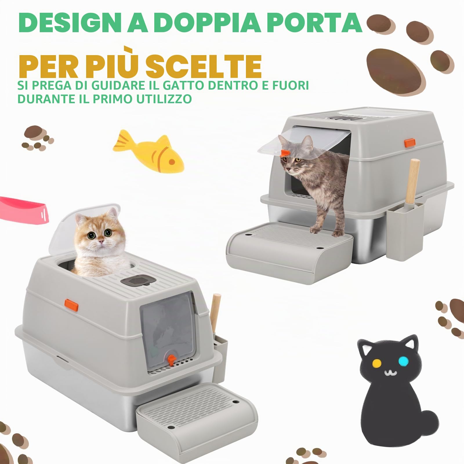 Lettiera Gatto Chiusa con pala e pedali,Lettiera Toilette per Gatti Chiusa,Grande Capacità,mit Doppeltem Eingang für Katzen aller Größen,Grigio