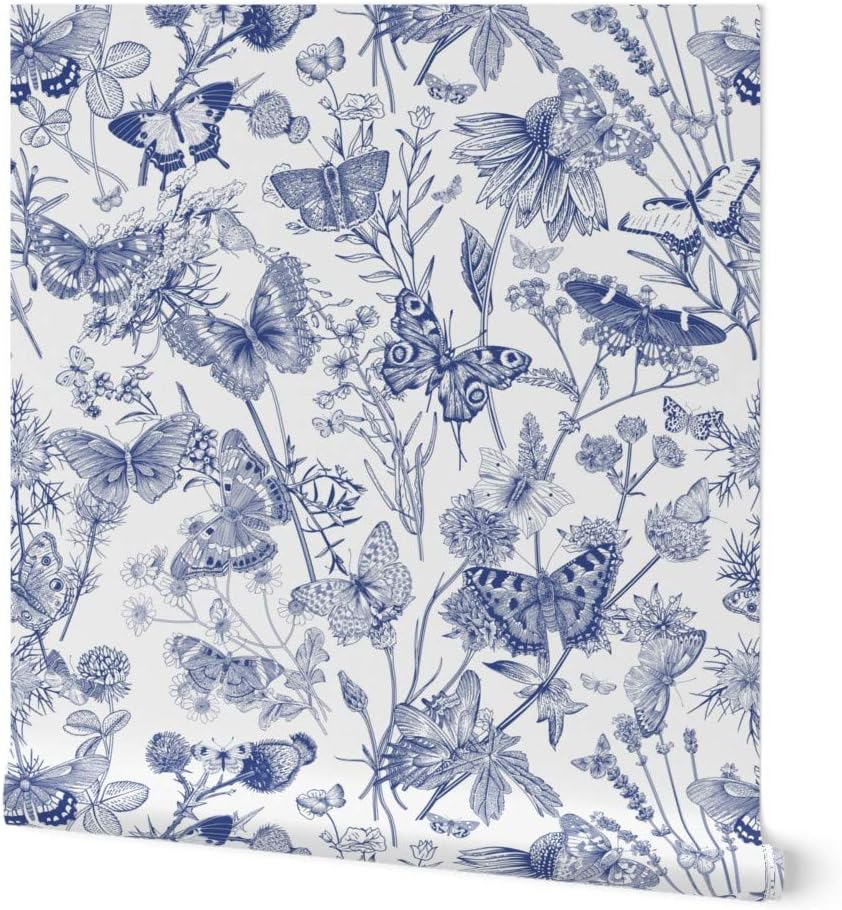 Peel & Stick Wallpaper 3ft x 2ft - Butterflies Wild Flowers White Vintage Blue Retro Custom Removable Wallpaper by Spoonflower