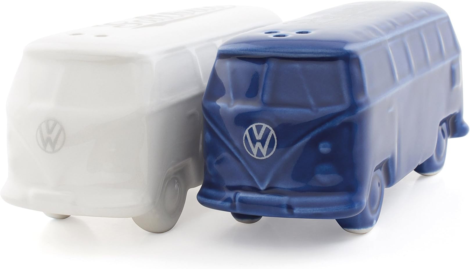 VW Collection - Volkswagen Salt & Pepper Shakers Seasoning Dispenser in Ceramic with T1 Bus Campervan Design 2-Piece Set (Classic Bus/White & Blue)