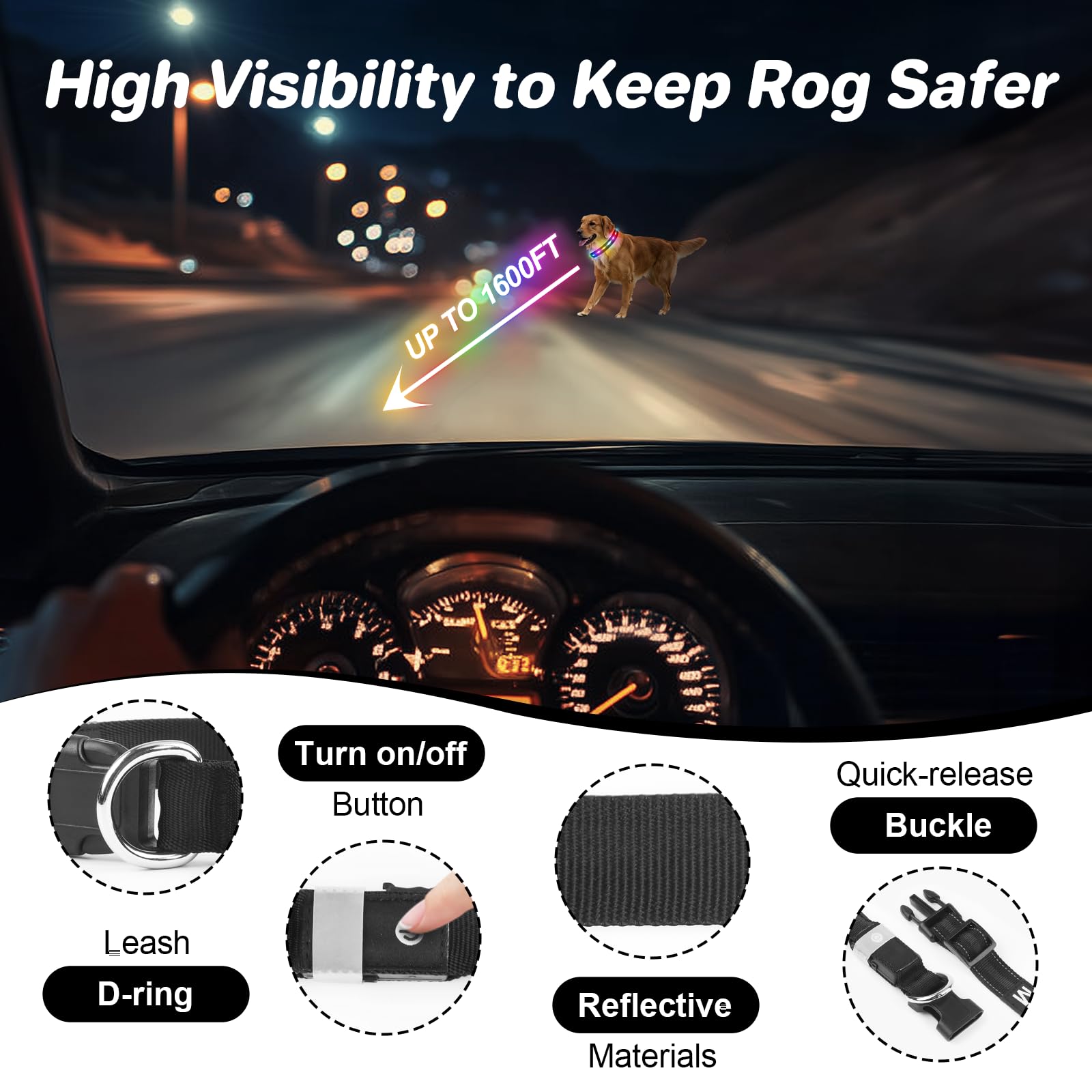 Feycig Light Up Dog Collar, LED USB Rechargeable & Waterproof Dog Collar with 4 Flashing Modes Glow in the Dark - Image 4