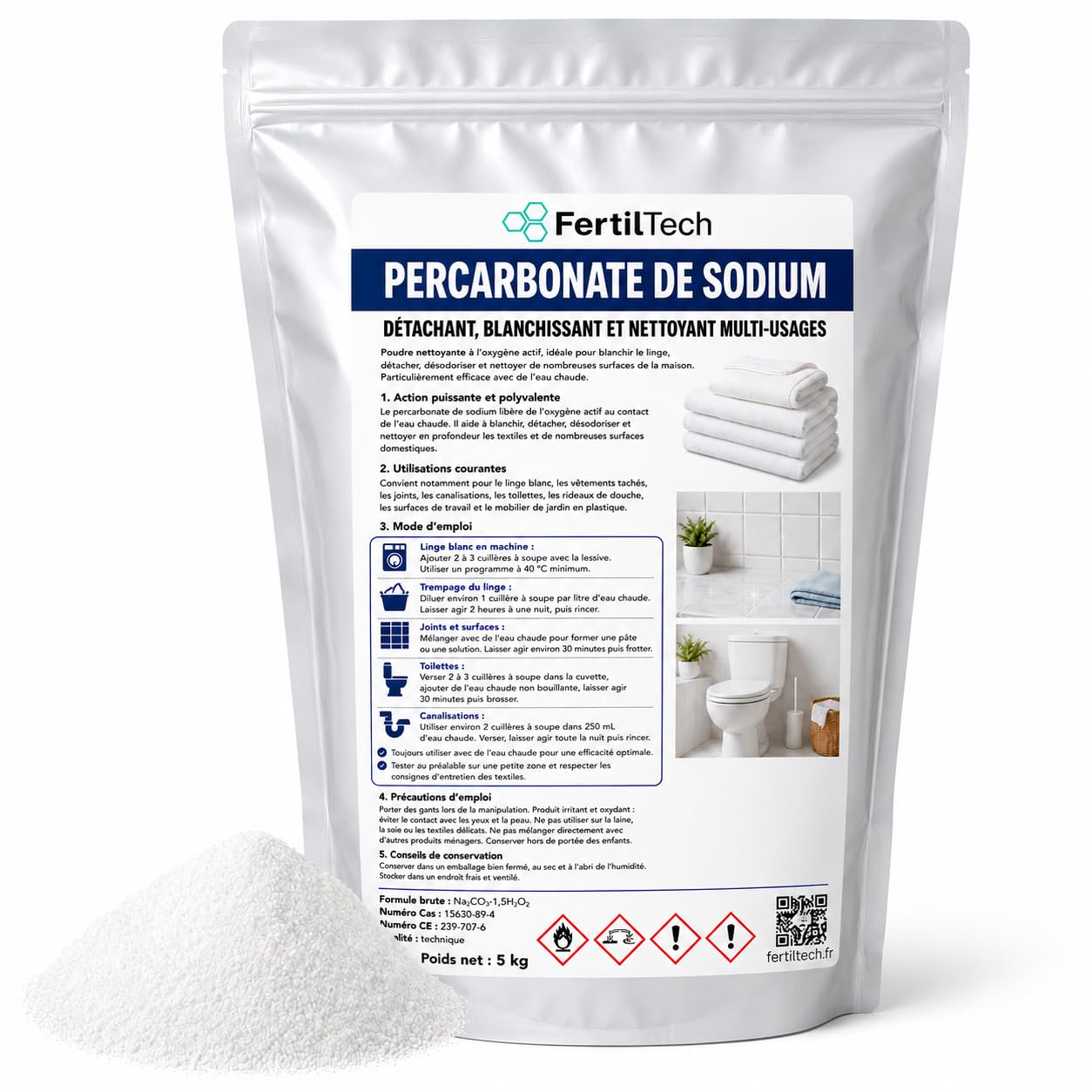 Percarbonato di Sodio 5 kg Percarbonato di Soda Multiuso, Ossigeno Attivo, Smacchiatore per Biancheria, Sbiancante per Tessuti, Detergente per Casa per Giunti, WC, Superfici e Tubature