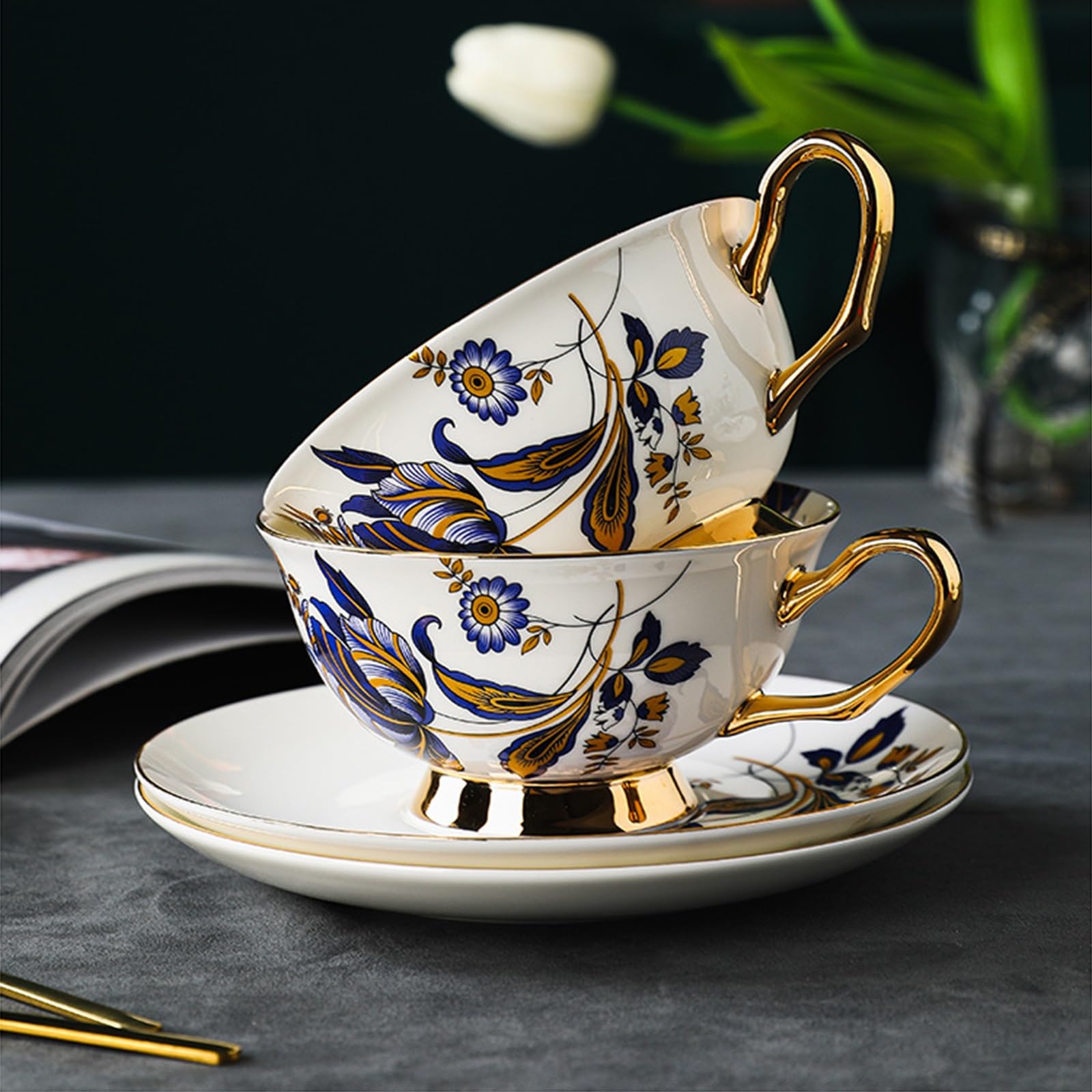 Zestaw spodków do filiżanek w stylu euro, filiżanka do kawy z porcelany kostnej z łyżeczką i spodkiem, na śniadanie popołudniowa herbata (2 szt.)