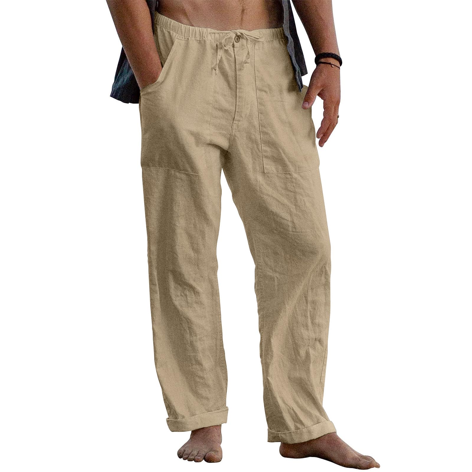 Puimentiua Mens Linen Pants Elastic Waist Drawstring Loose Fit Casual Summer Beach Pants with Pockets Baggy Trousers