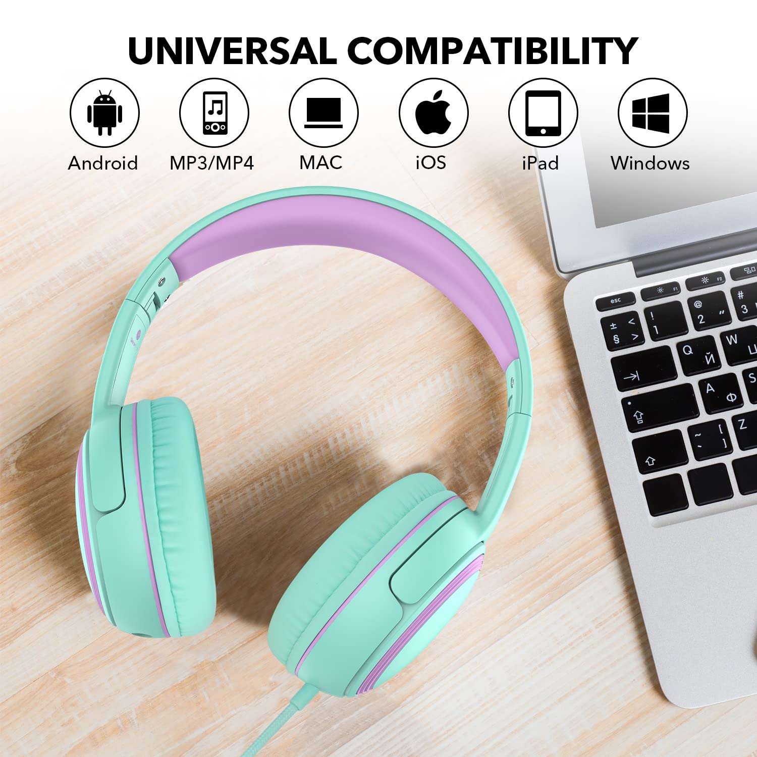 JOMILIN A10 Cuffie On-Ear con microfono, leggere e pieghevoli, con cavo senza groviglio da 1,5 m, cuffie cablate portatili per smartphone, tablet, computer MP3/4 (verde)