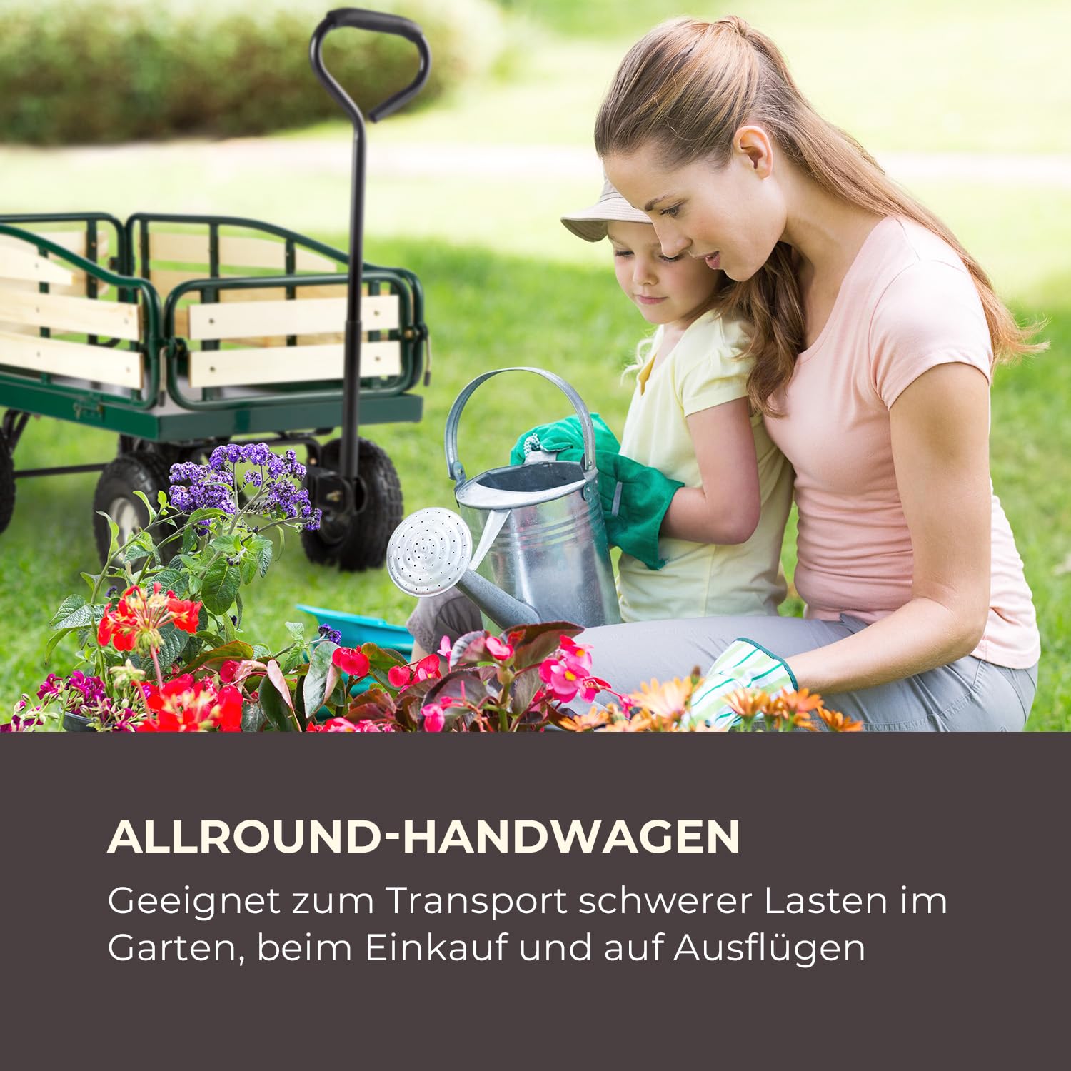 Waldbeck Ventura - Bollerwagen, Handwagen, abklappbare Seitenteile, witterungsbeständig, 300 kg Belastbarkeit, Transport Schwerer Lasten, Stabiler Rahmen, großer Laderaum, dunkelgrün