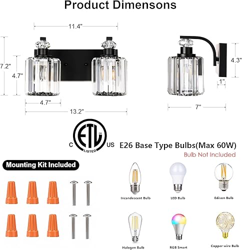 Miniatura 2 de Lámparas de baño negras con pantalla de cristal K9, iluminación de baño sobre espejo, luces de tocador para sala de estar, dormitorio, baño,