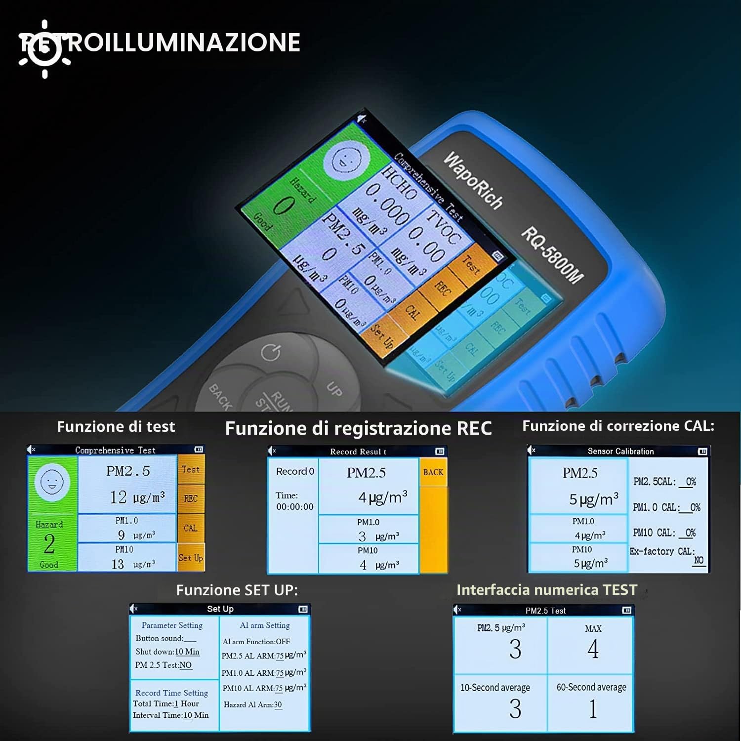 Monitor di qualità dell'aria interno PM2,5/PM10/PM1,0 portatile, WapoRich rilevatore di inquinamento qualità dell'aria rileva la polvere per casa/ufficio/scuole/auto, ricaricabile - RQ-5800M