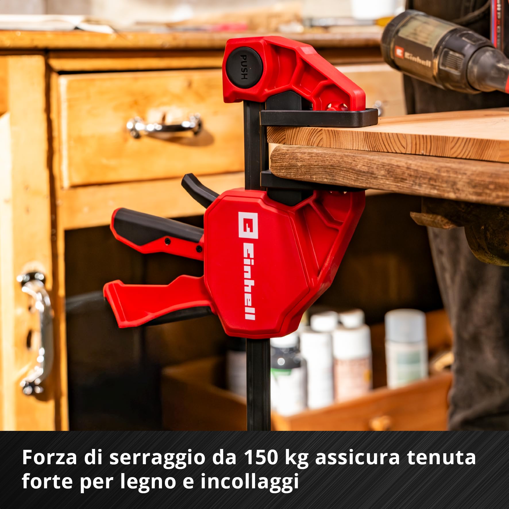 Einhell Set morsetti 2x90cm (Sgancio rapido, apertura 900 mm, forza 150 kg, espansione, profondità, conversione senza attrezzi, impugnatura gommata)